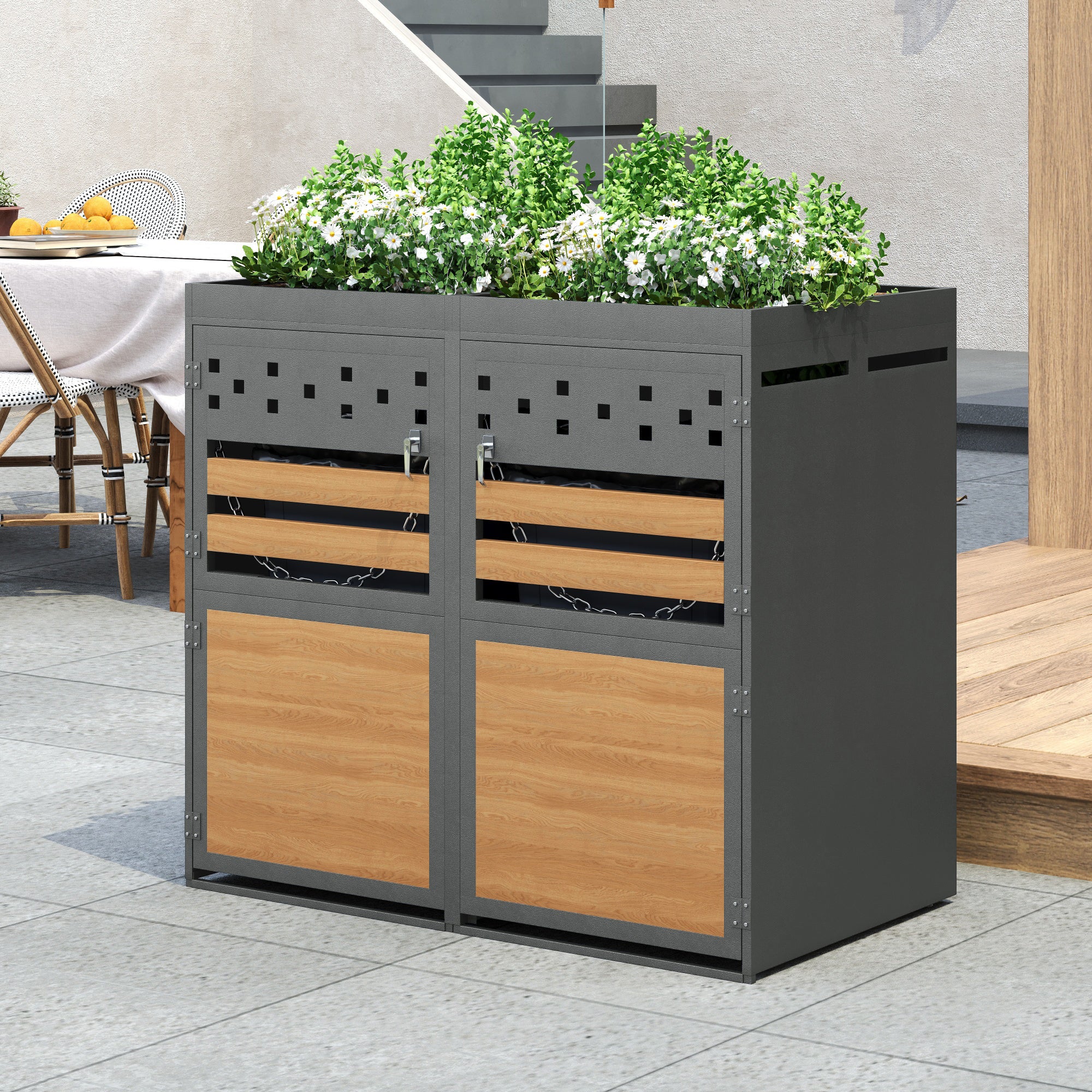 Garbage Can Storage Box for 2, with Planting Roof, 120-240 Liters, Anthracite Wood-Look