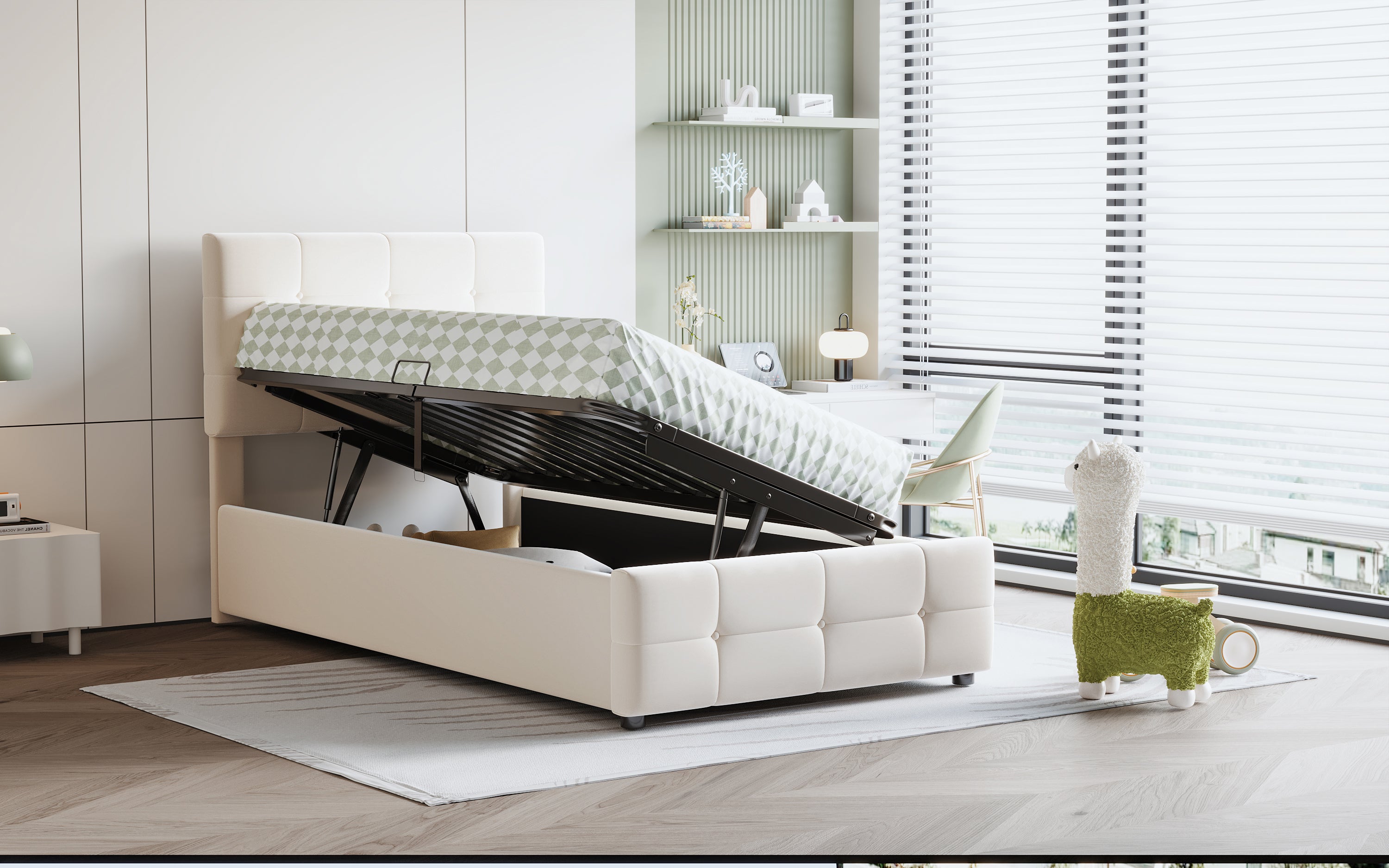 Upholstered Children's Bed 90x200cm, Hydraulic Storage, Adjustable Headboard, Velvet Beige