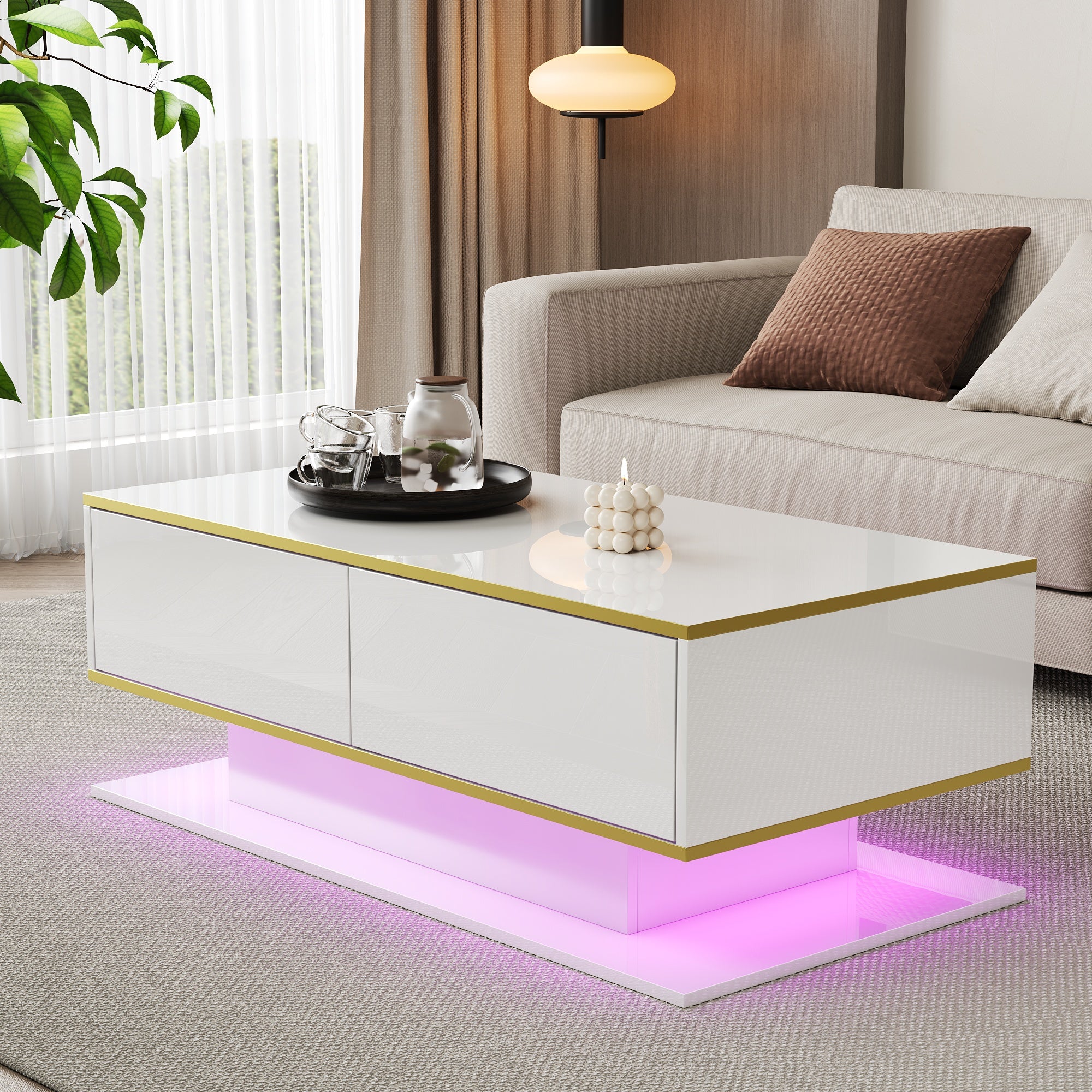 Modern LED Coffee Table 100cm High-Gloss 3 Drawers USB Gold Trim