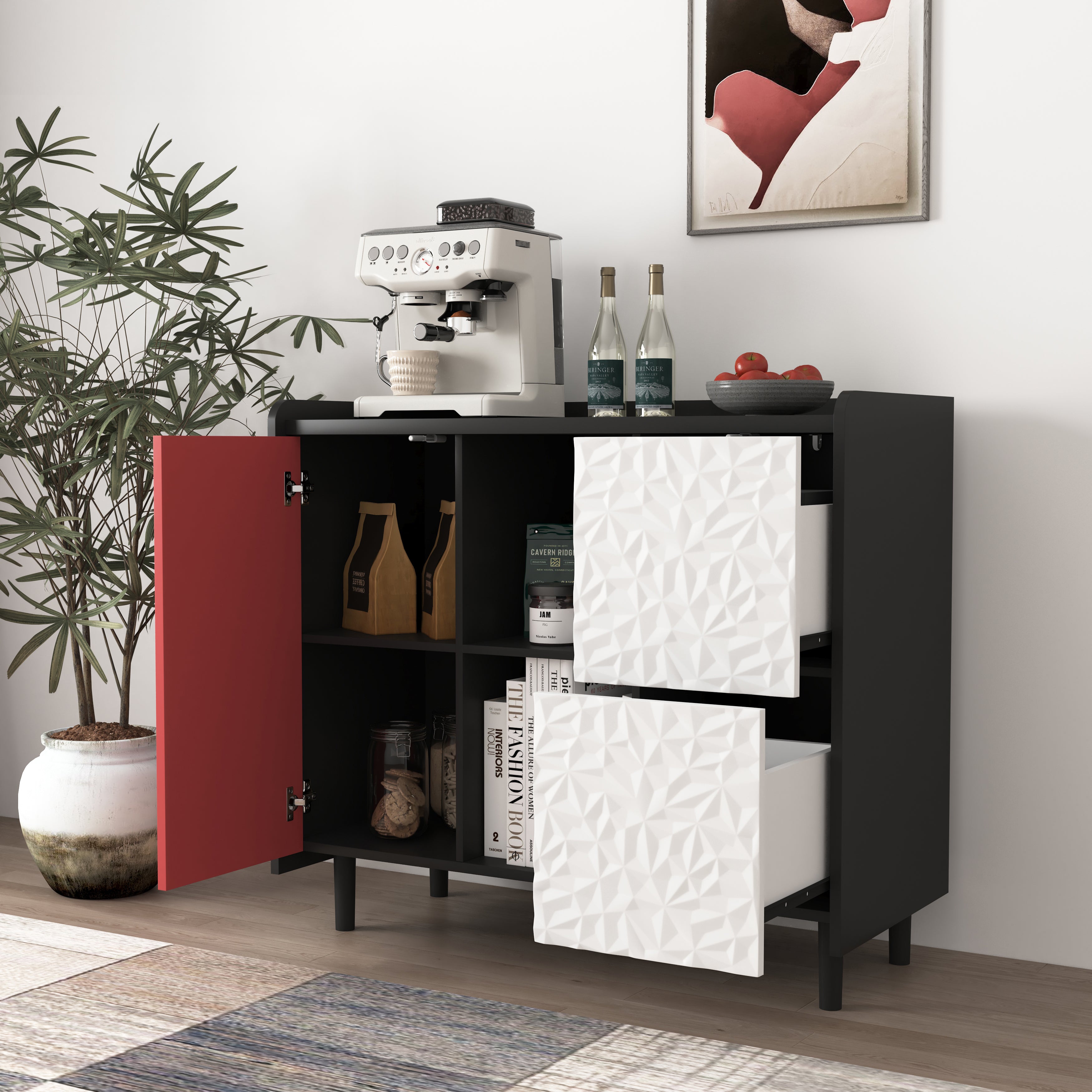 Sideboard/Buffet Cabinet with 2 Drawers & 2 Open Compartments, Black with Red Doors