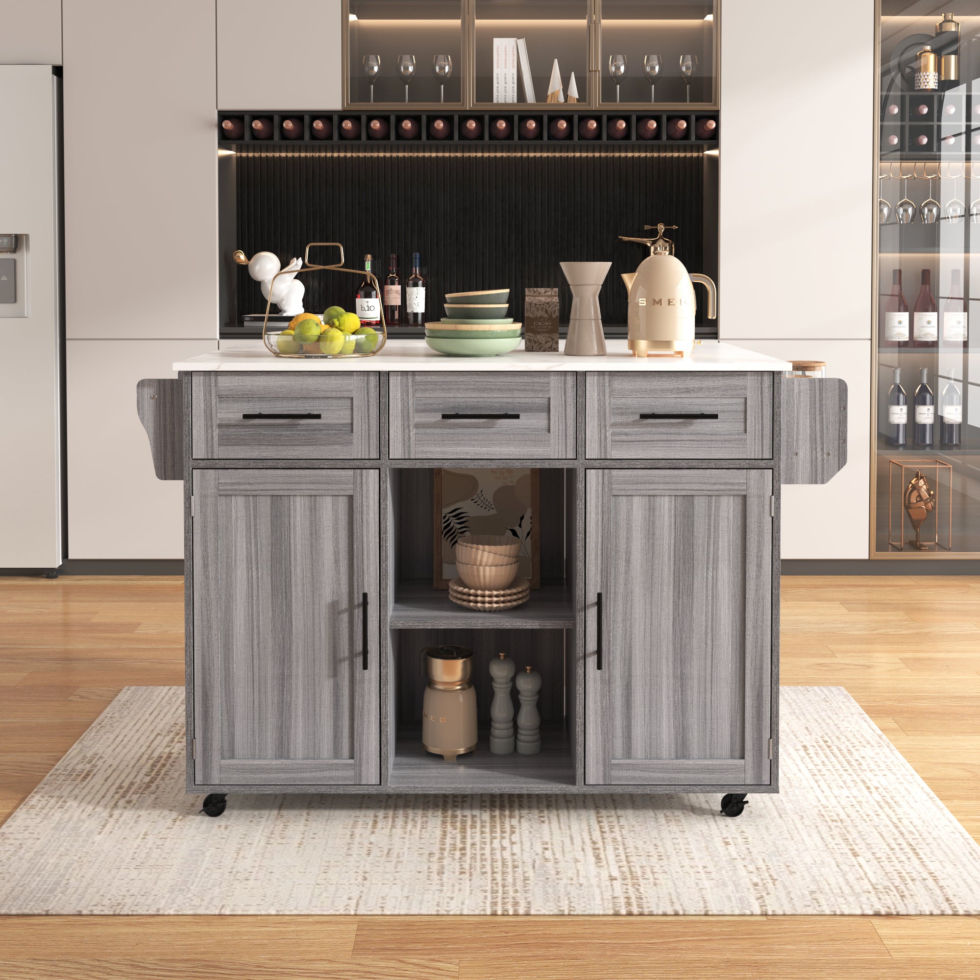 Serving Trolley Side Cabinet 139cm Folding Worktop Storage Doors Grey/White Veneer