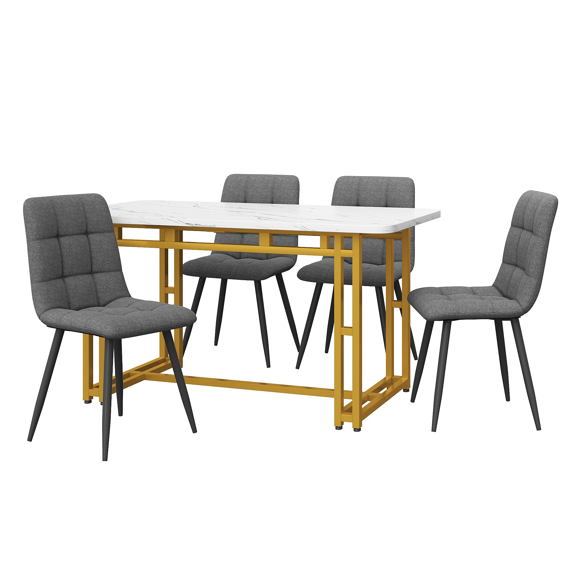 Dining Table Set, 120x70cm Modern with 4 Chairs, Dark Grey Linen & Golden Iron