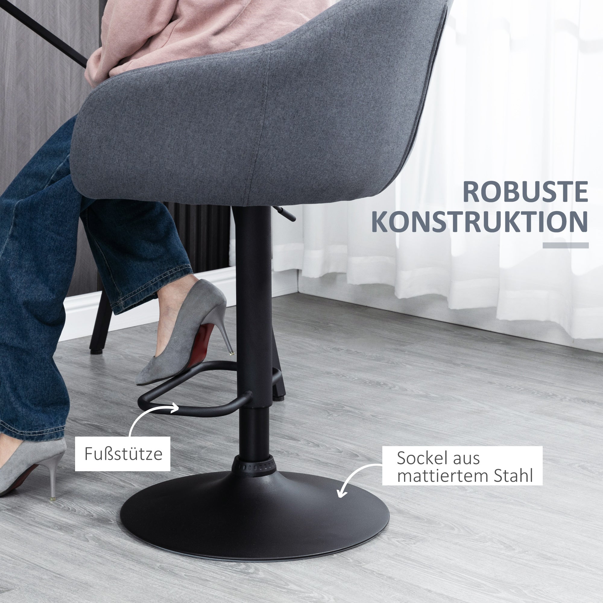 Bar Stool, Height-Adjustable with Backrest and Footrest, Grey Linen Look