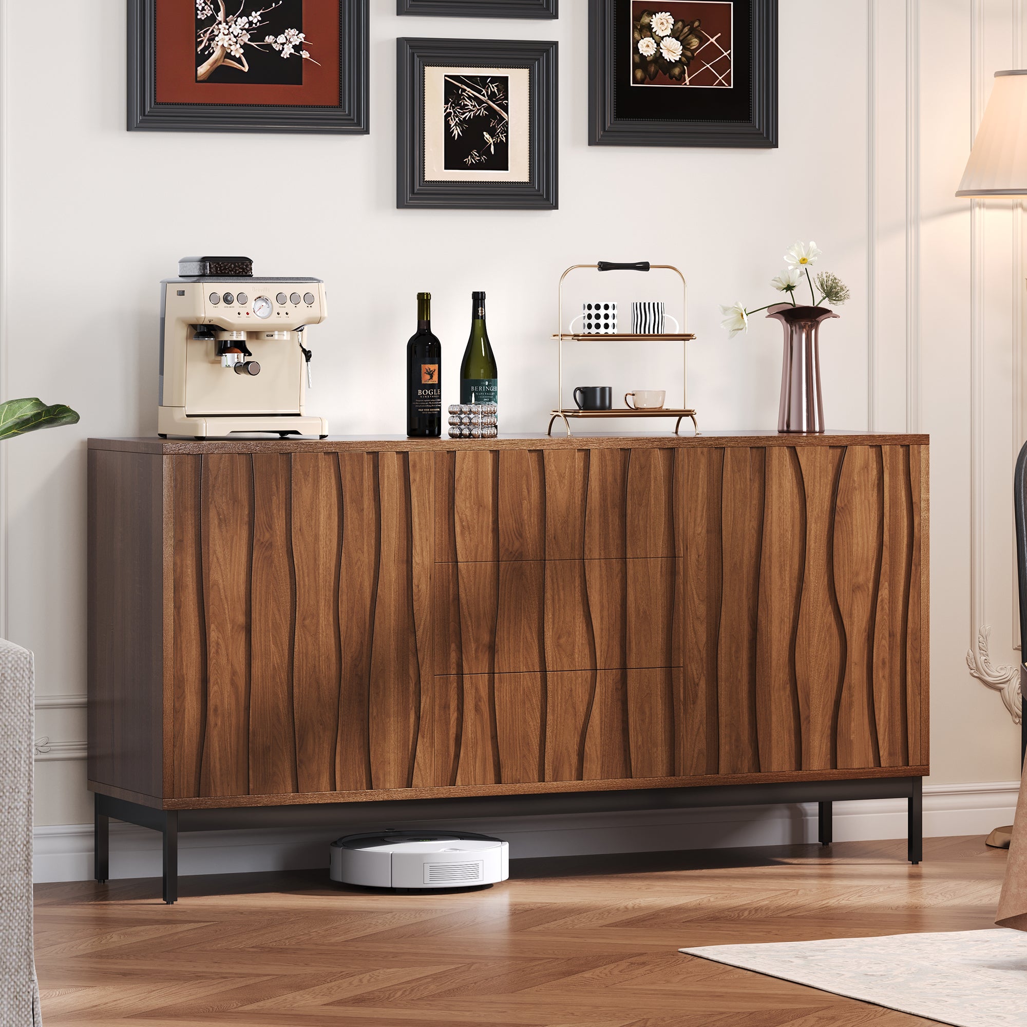 Sideboard 150cm with 3 Drawers and One-Piece Cutout, Dark Grained Oak