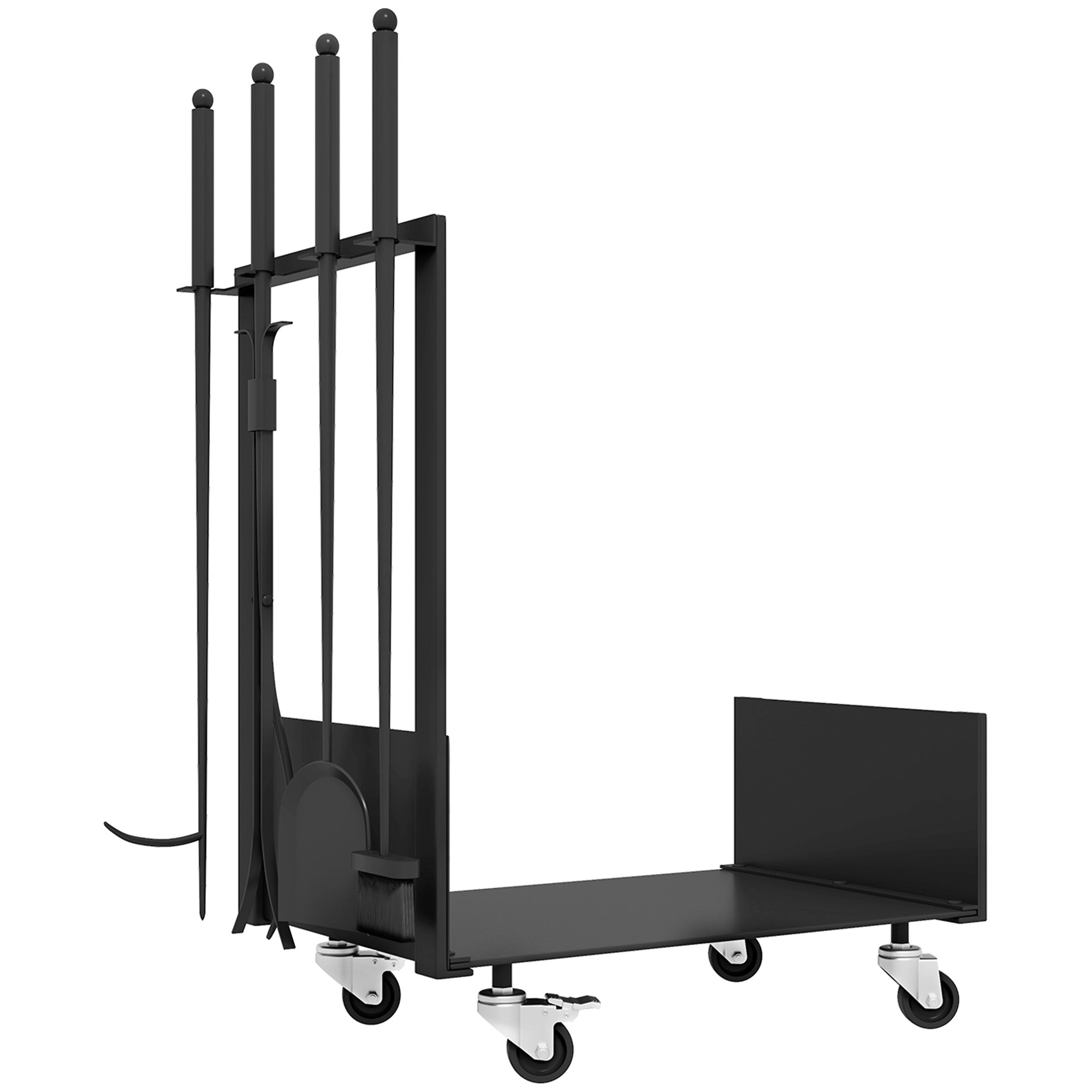 Firewood Rack with Tools, Wheels, Side Hooks, Black Metal