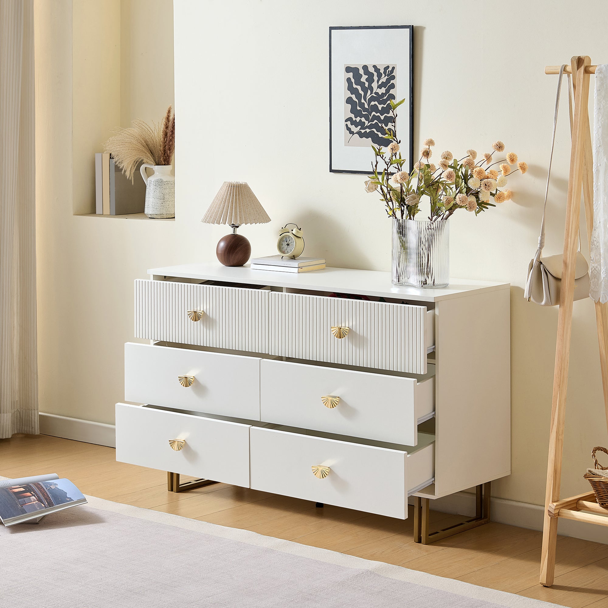 Sideboard, 6-Drawer Elegant Design, White and Gold MDF and Steel