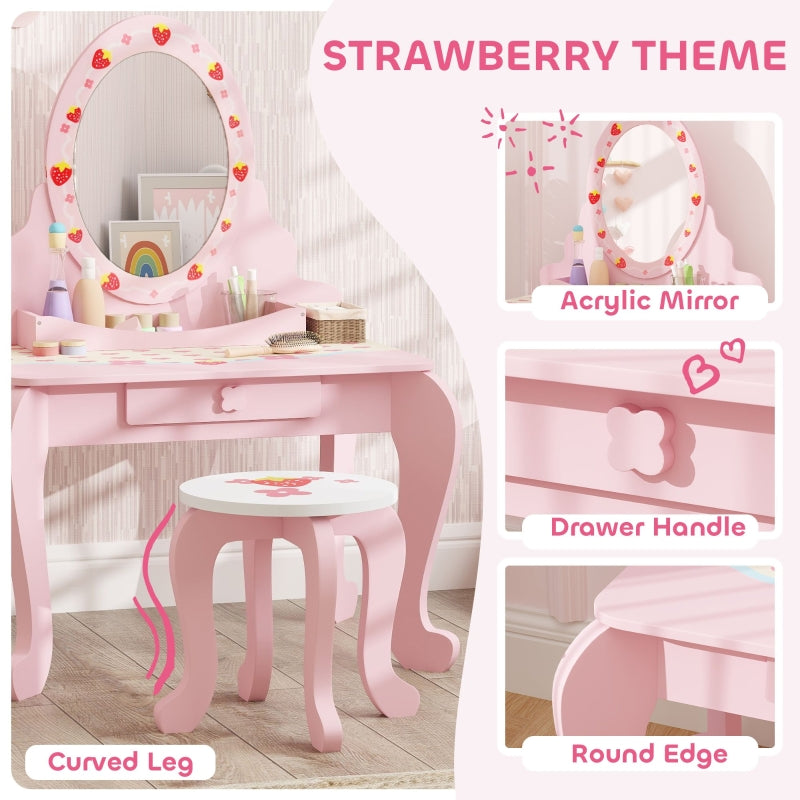 Kids Dressing Table Set Vanity Table with Stool Mirror Drawer Storage Pink