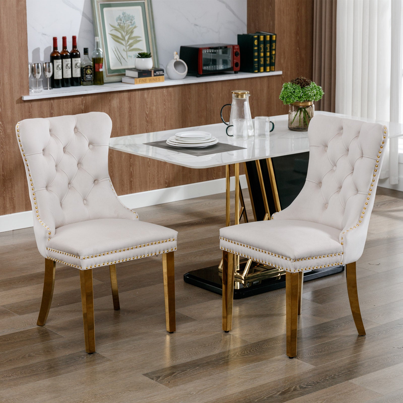 A&A Furniture Nikki Collection Tufted Solid Wood Dining Chair, Set of 2, Velvet Biege and Gold