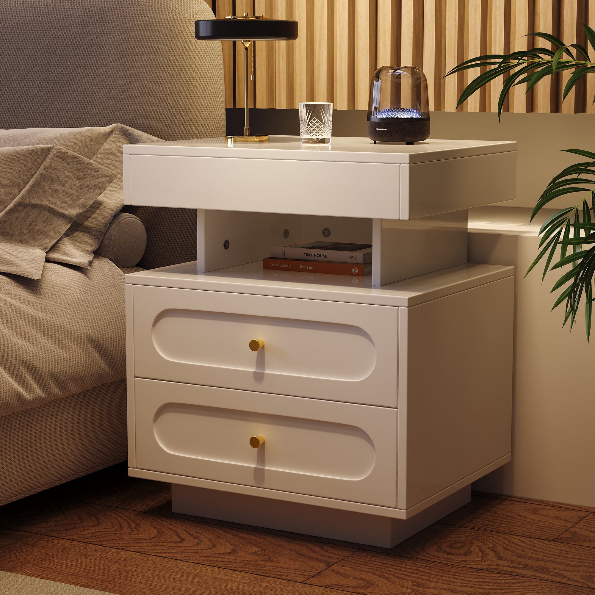 Bedside Table Nightstand with LED, 2 Drawers & Open Storage, White