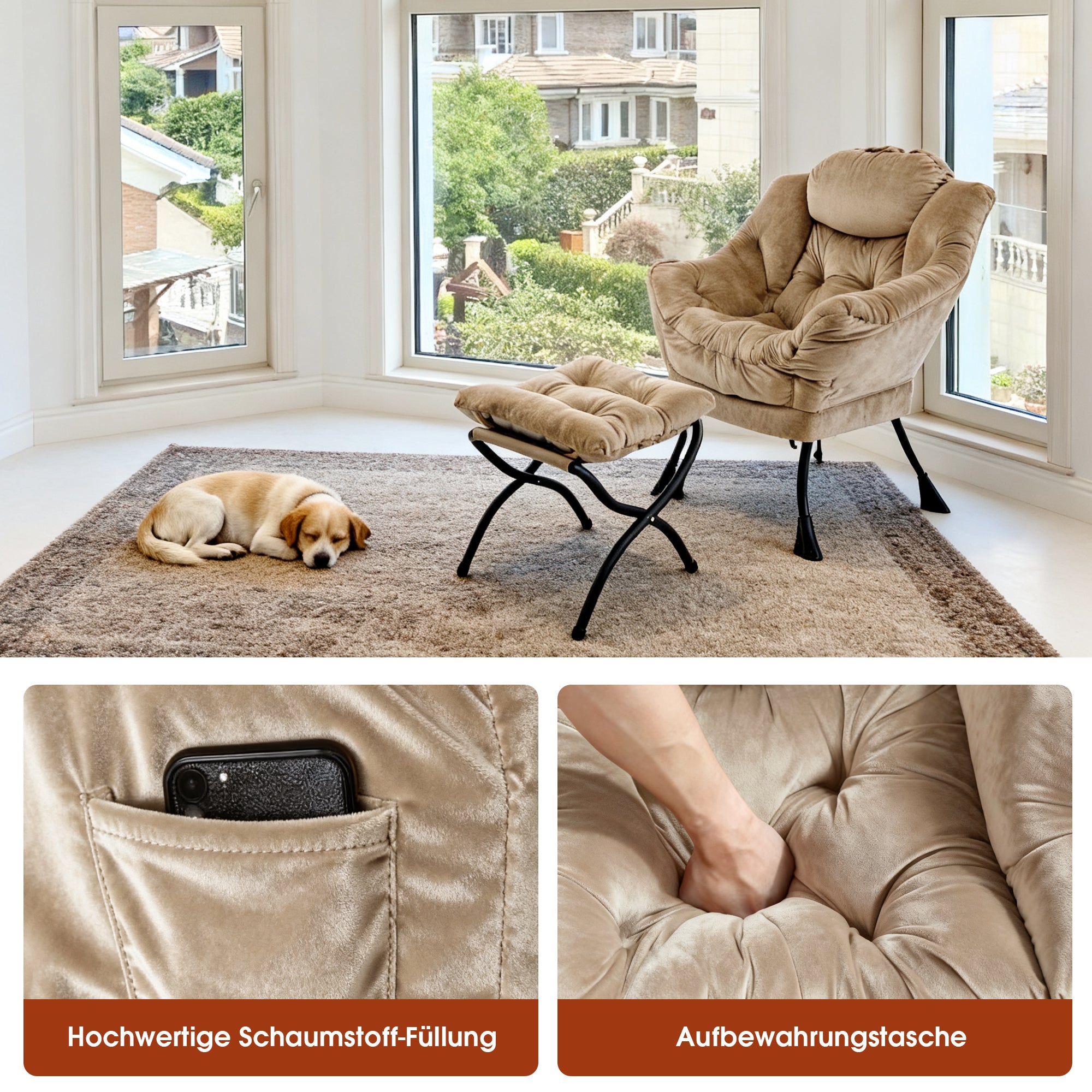 Armchair with Footstool, Recliner & Side Pocket, Khaki