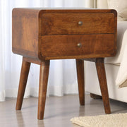Solid Wood Bedside, Curved Chestnut with 2 Drawers, Dark Brown