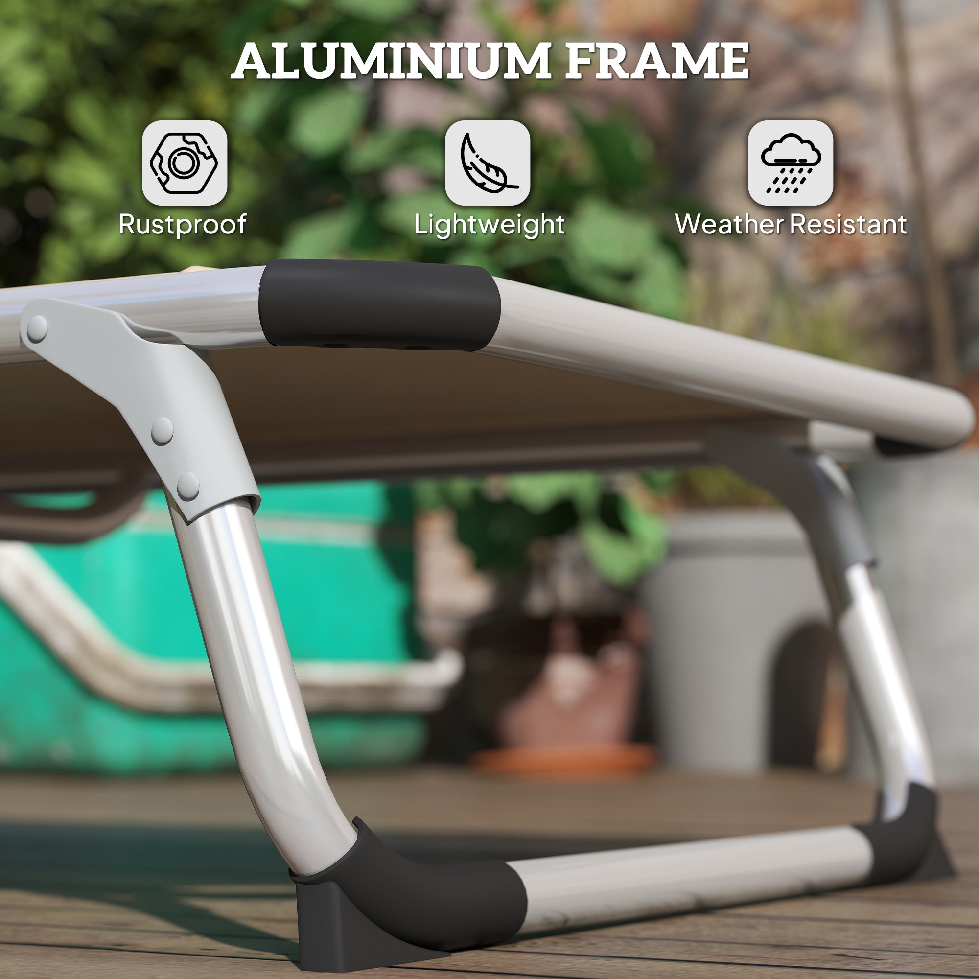 Foldable Outdoor Sun Lounger, Reclining 4-Level Adjustable Back with Pillow, Khaki Aluminium Frame