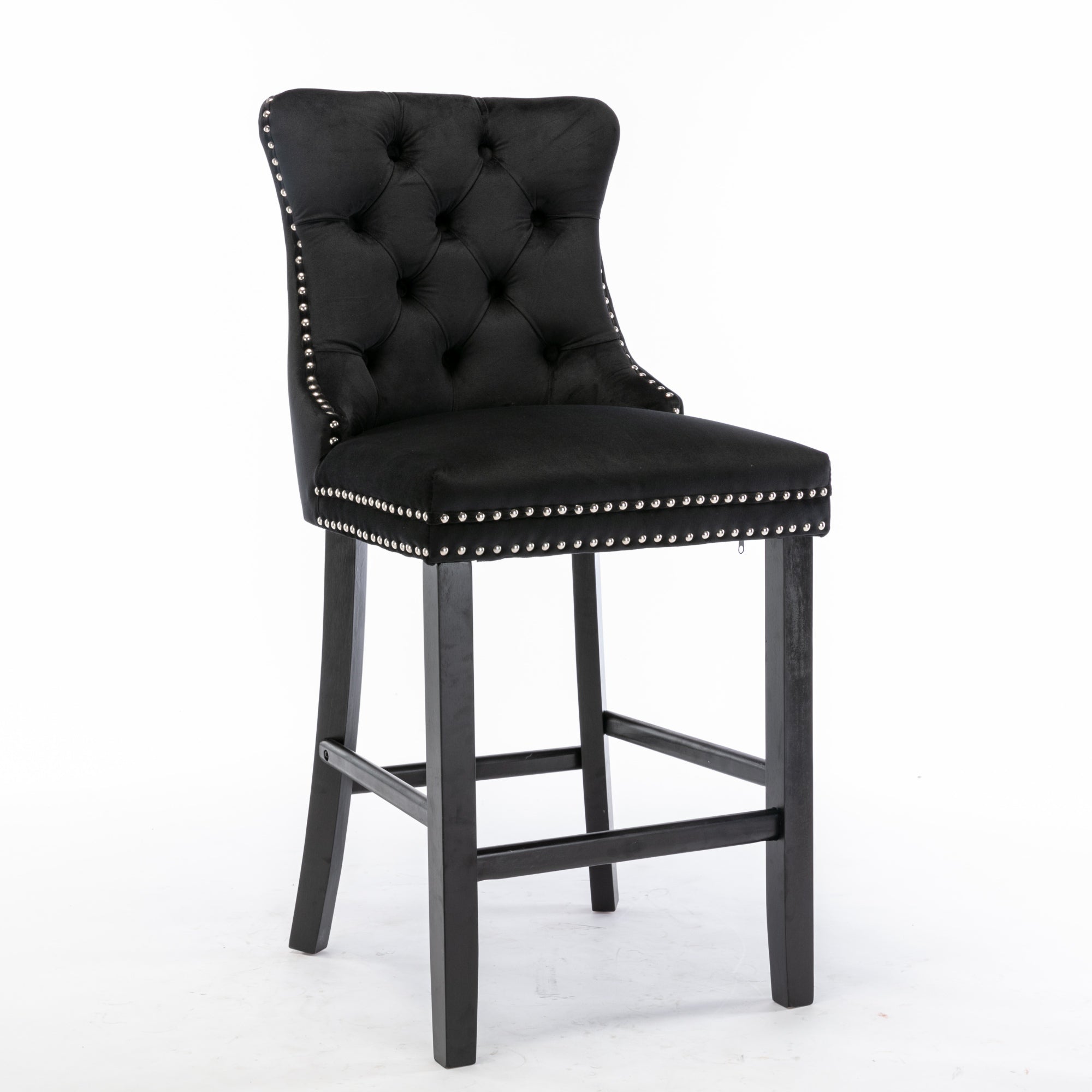 Contemporary Barstools, Button Tufted Wooden Legs Set of 2, Velvet Black