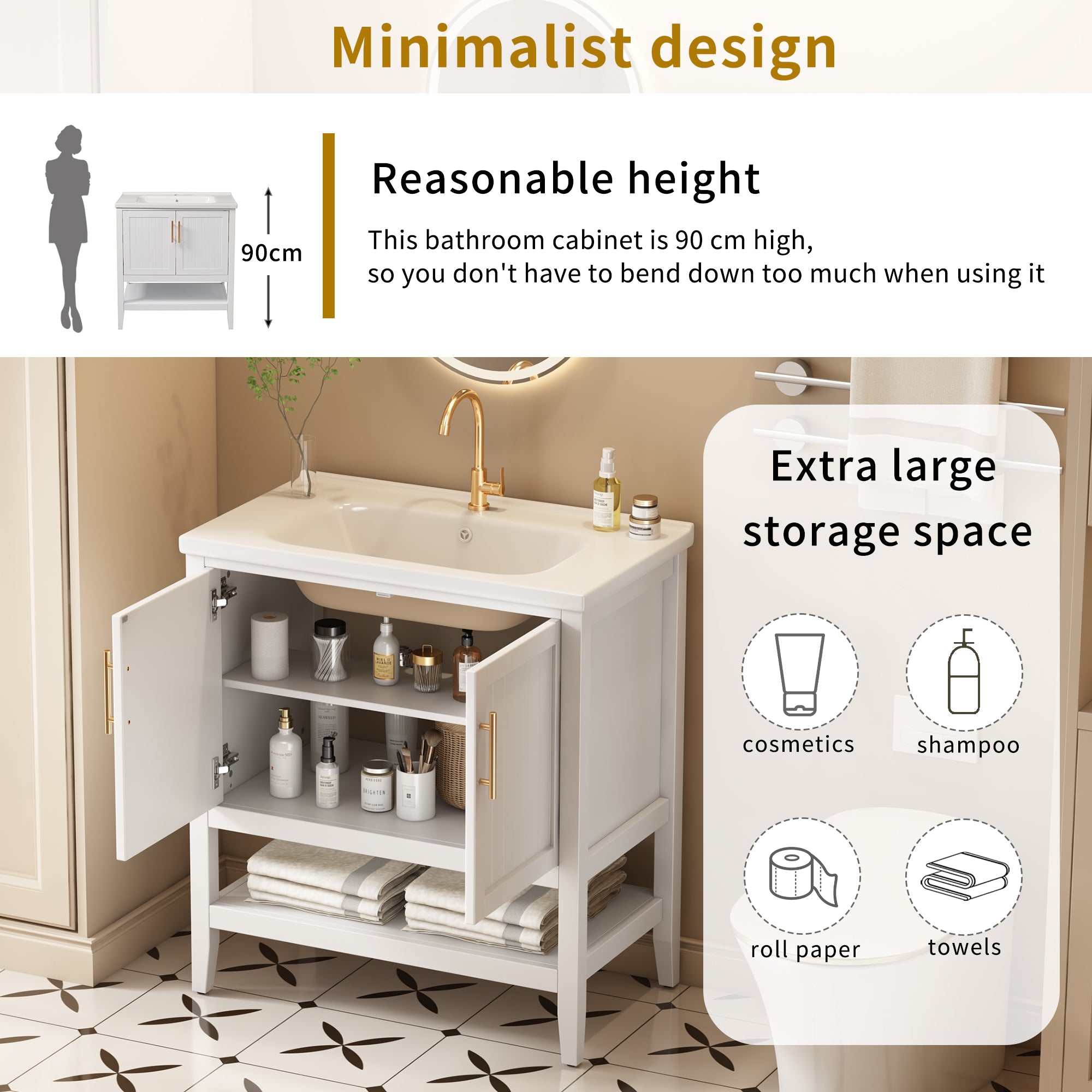 Single Vanity Unit 80cm Ceramic Washbasin - White