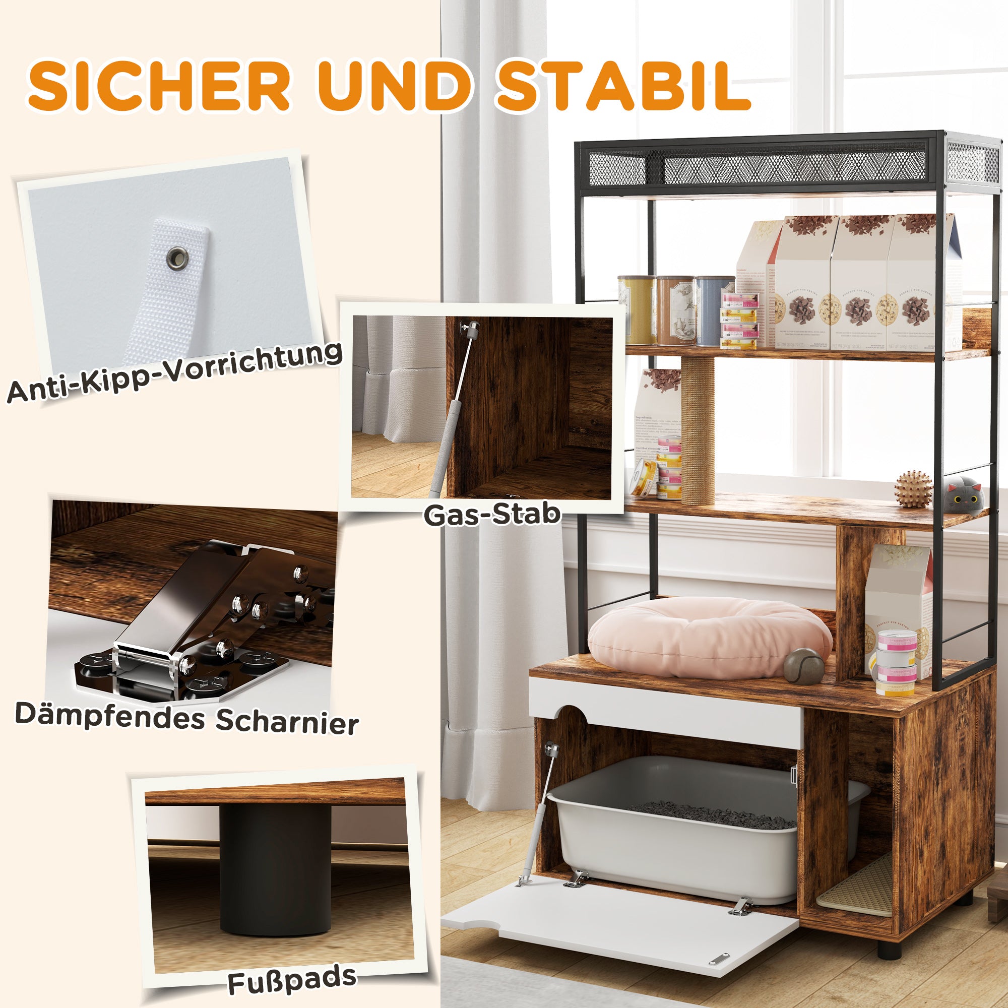 Cat Litter Cabinet, 2-in-1, 3-Tier Shelf, Scratching Post, Rustic Brown