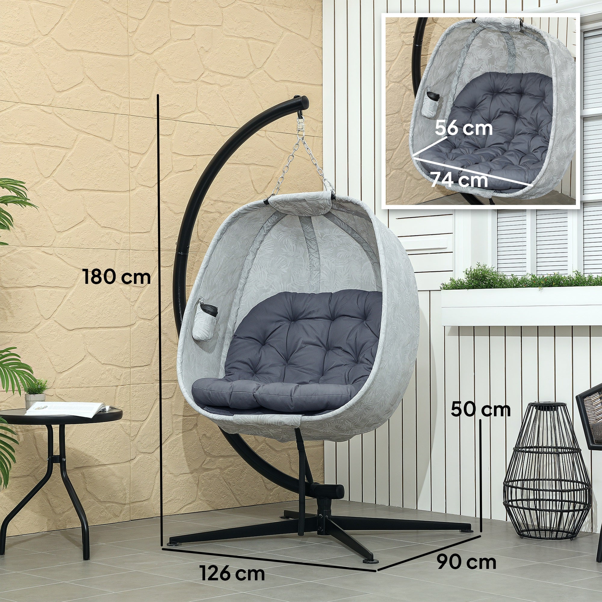Egg-Shaped Outdoor Hanging Chair, Foldable Swing Hammock with Stand, Gray