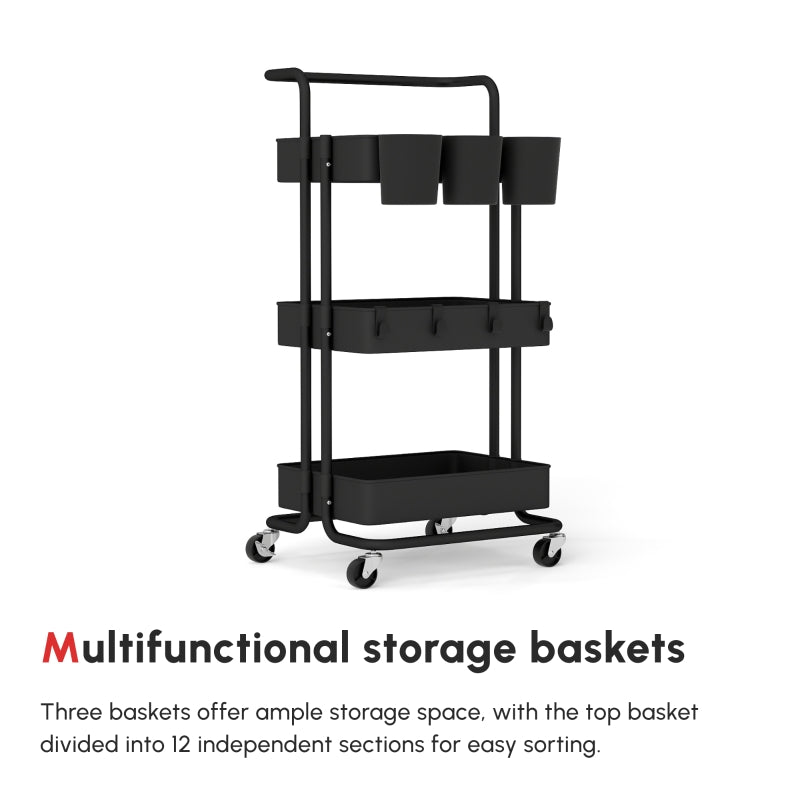 Three-Tier Home Trolley with Handle and Wheels, Black