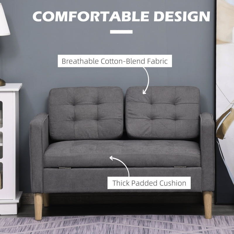 Modern 2 Seater Sofa with Hidden Storage & Wood Legs, Tufted Cotton Grey