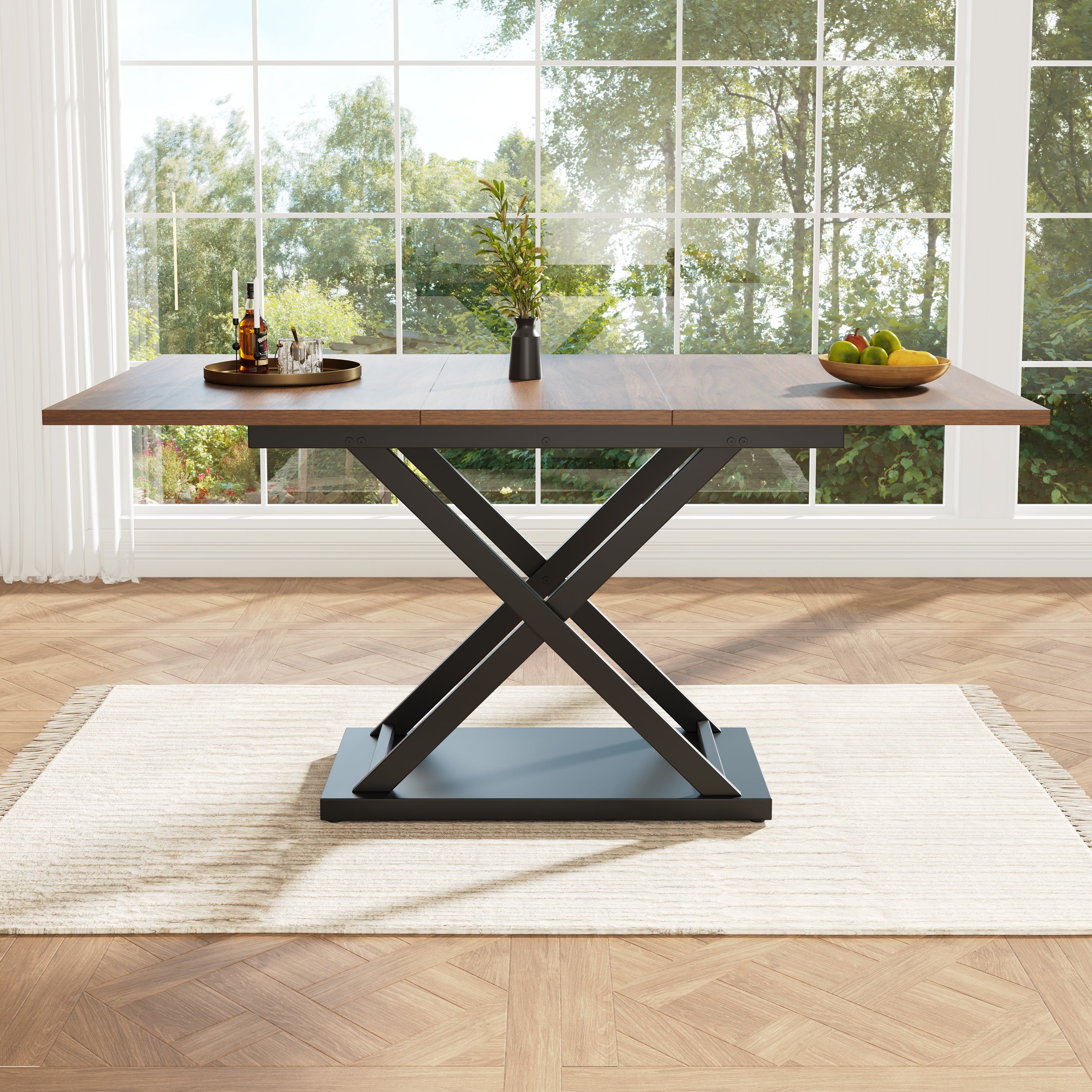 Telescopic Dining Table, Extendable Space-Saving with Crossed Iron Legs, Walnut