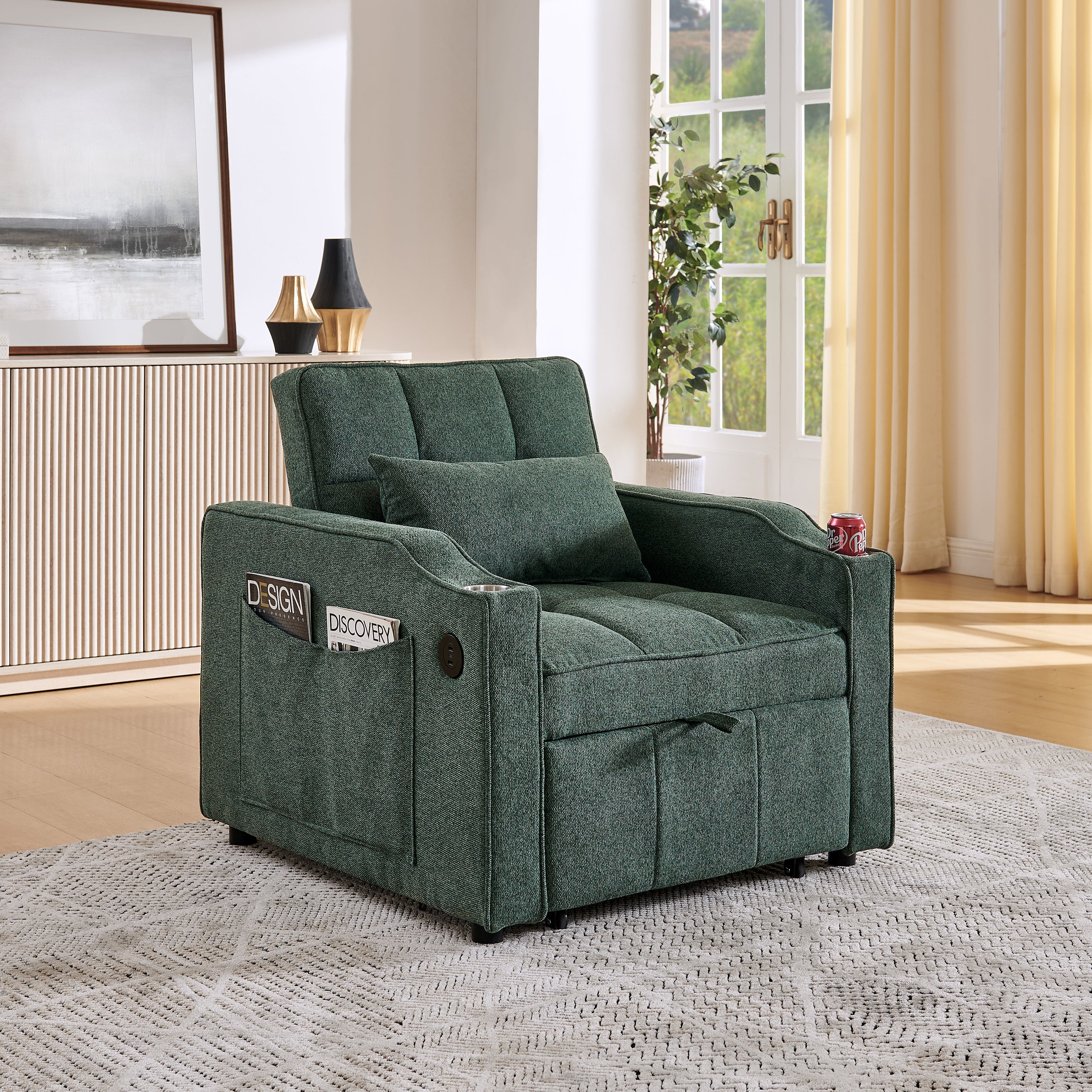 3-in-1 Light Luxury Sofa Bed with Slide-to-Transform Design and USB Charging, Green