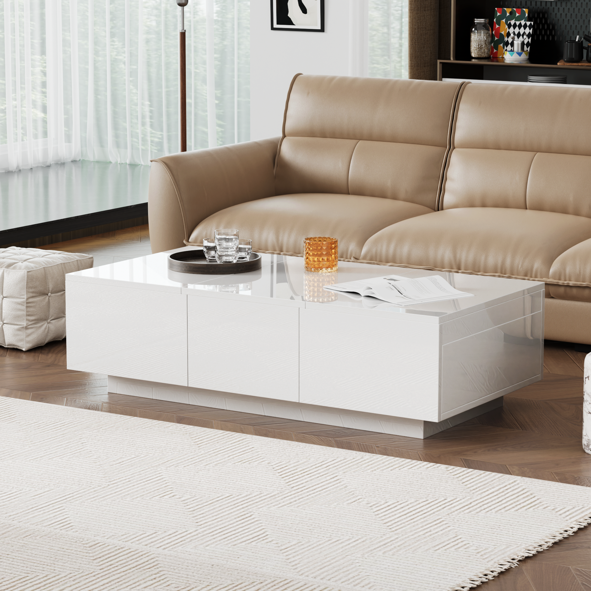 Coffee Table, High-Gloss Living Room with Push-Pull Storage, White