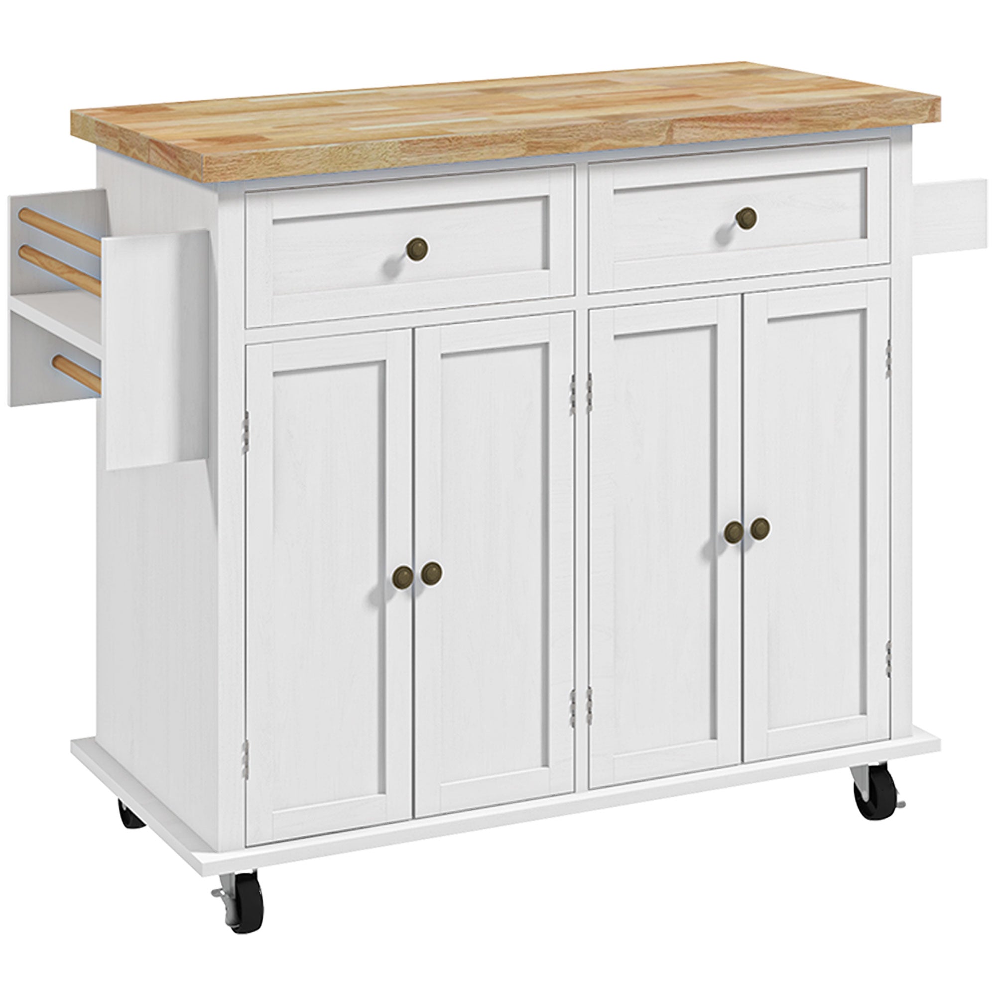 Rolling Kitchen Island Storage Trolley with Drawers and Rubber Wood Top, White