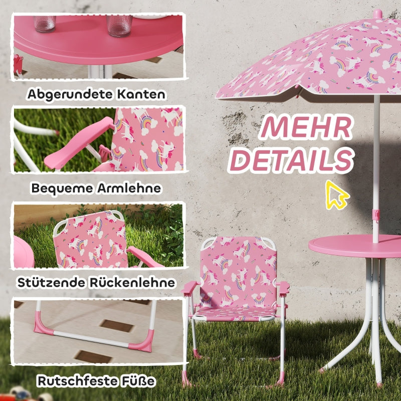 Children's Seating Set 4-Piece Table 2 Folding Chairs Removable Parasol Pink