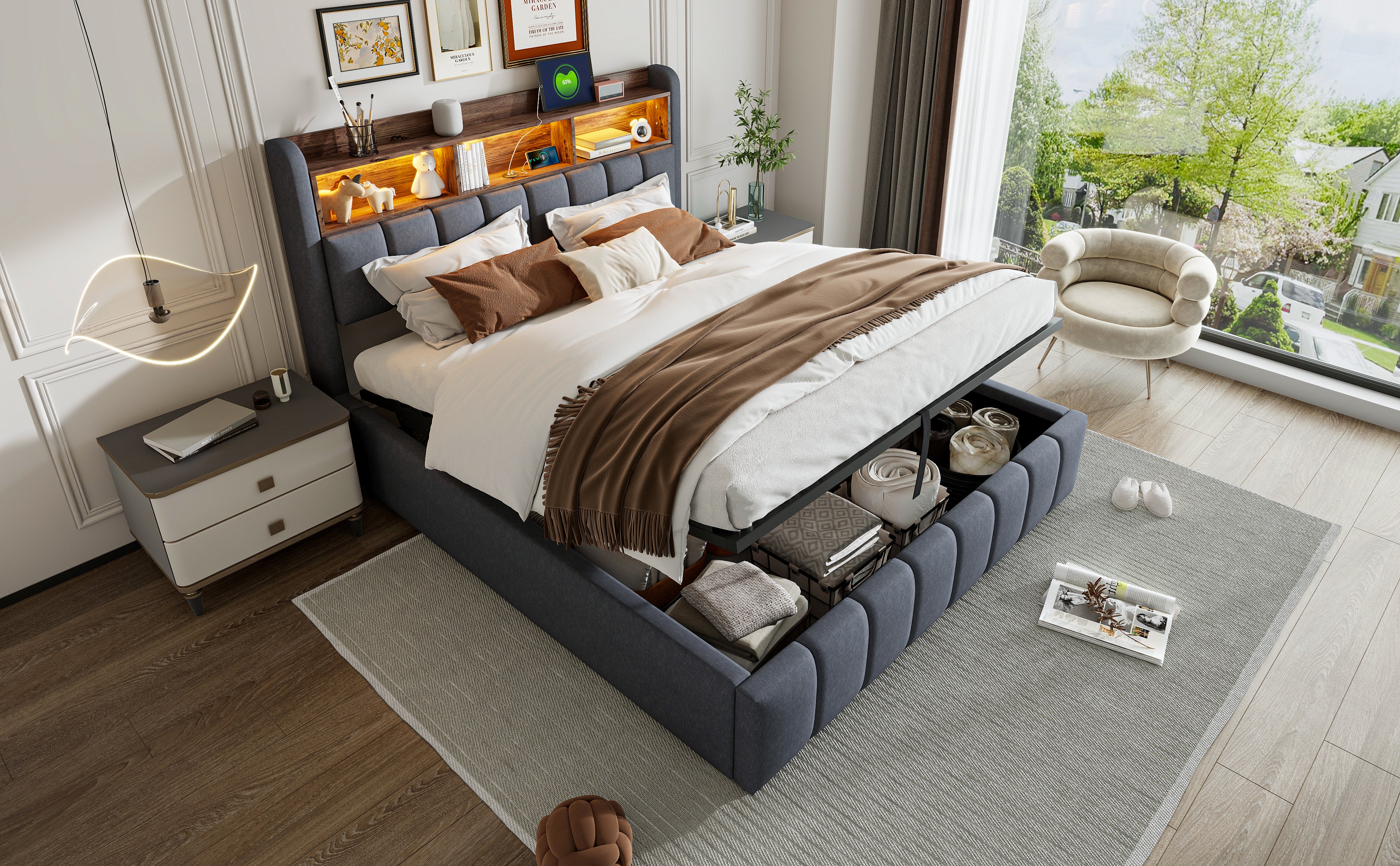 Upholstered Bed 180x200cm LED USB Hydraulic Storage Headboard | Linen Fabric Grey