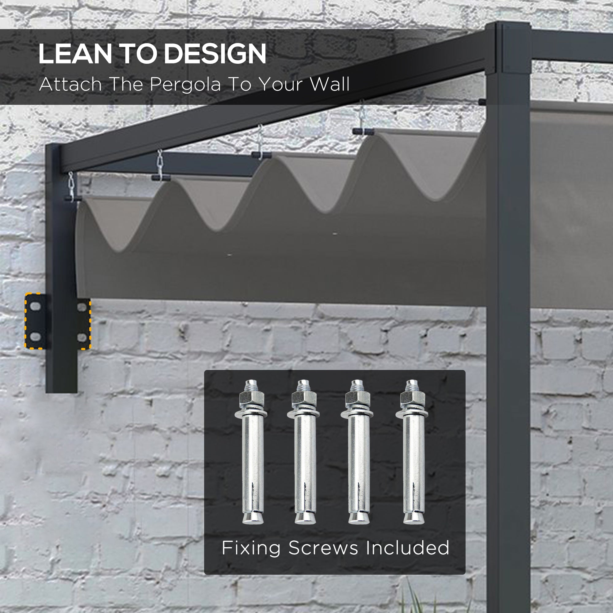 Lean To Steel Pergola, 2 x 3m with Moving Fabric Canopy - Dark Grey