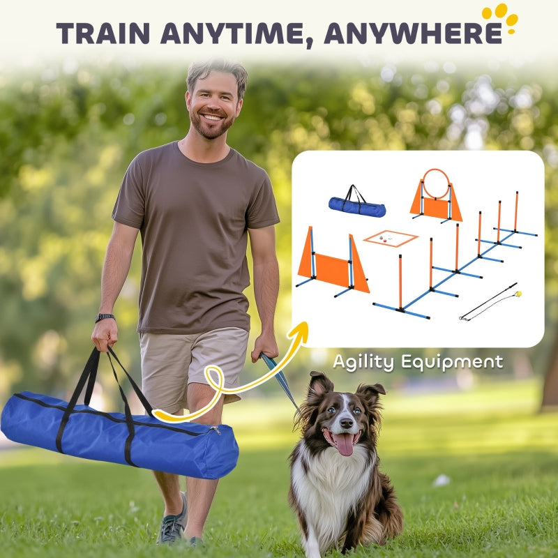 Dog Agility Equipment Set, Seven-Piece with Weave Poles, Jump Ring, Hurdle, Pause Box, Carry Bag, Orange