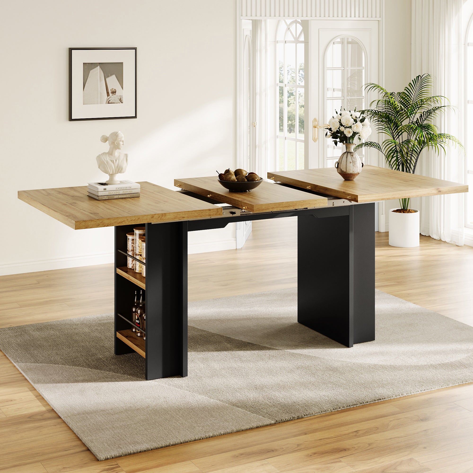 Telescopic Dining Table with Shelves and Extendable 120-160cm Surface, Wood Color
