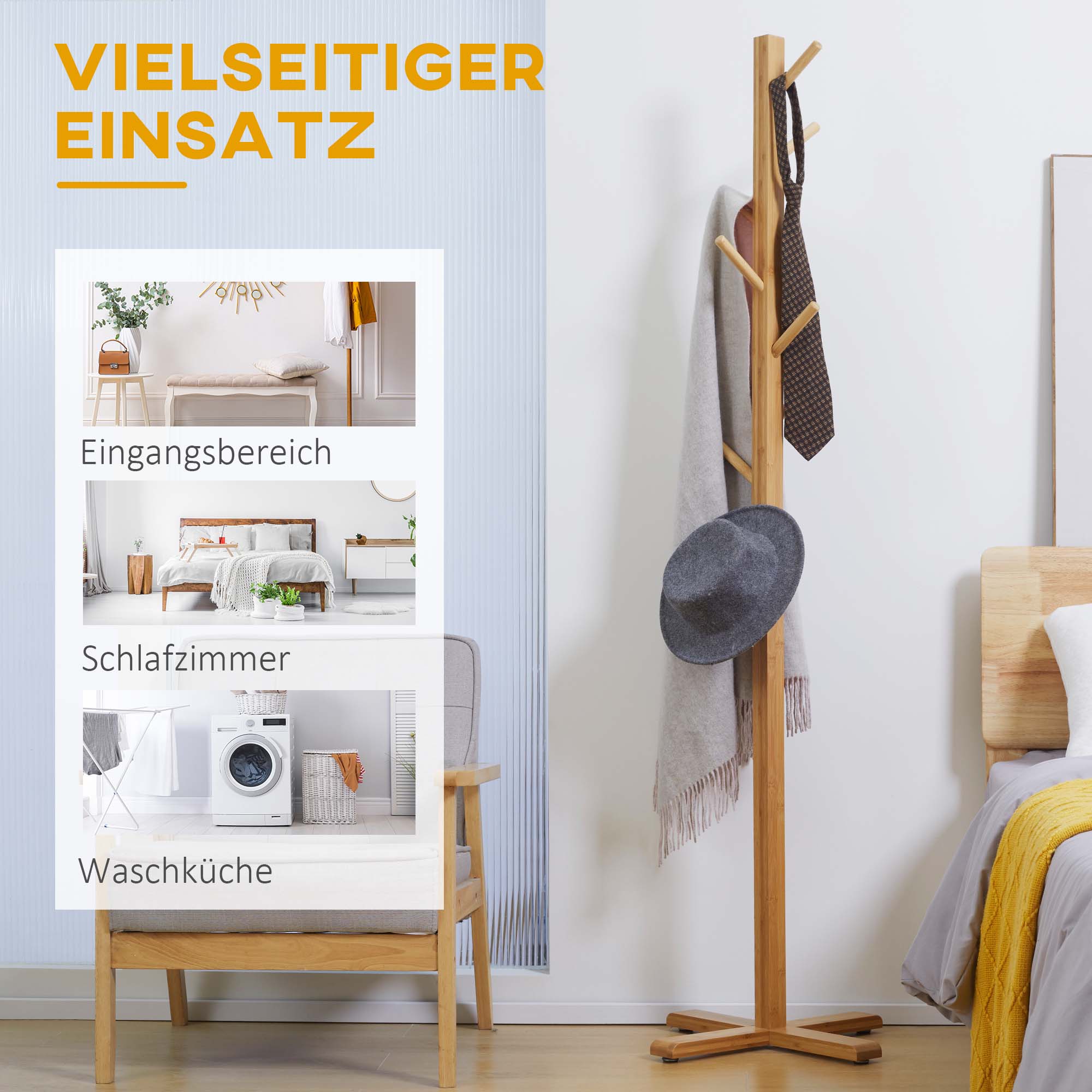 Bamboo coat rack, 8 hooks, clothes rack, stylish & functional