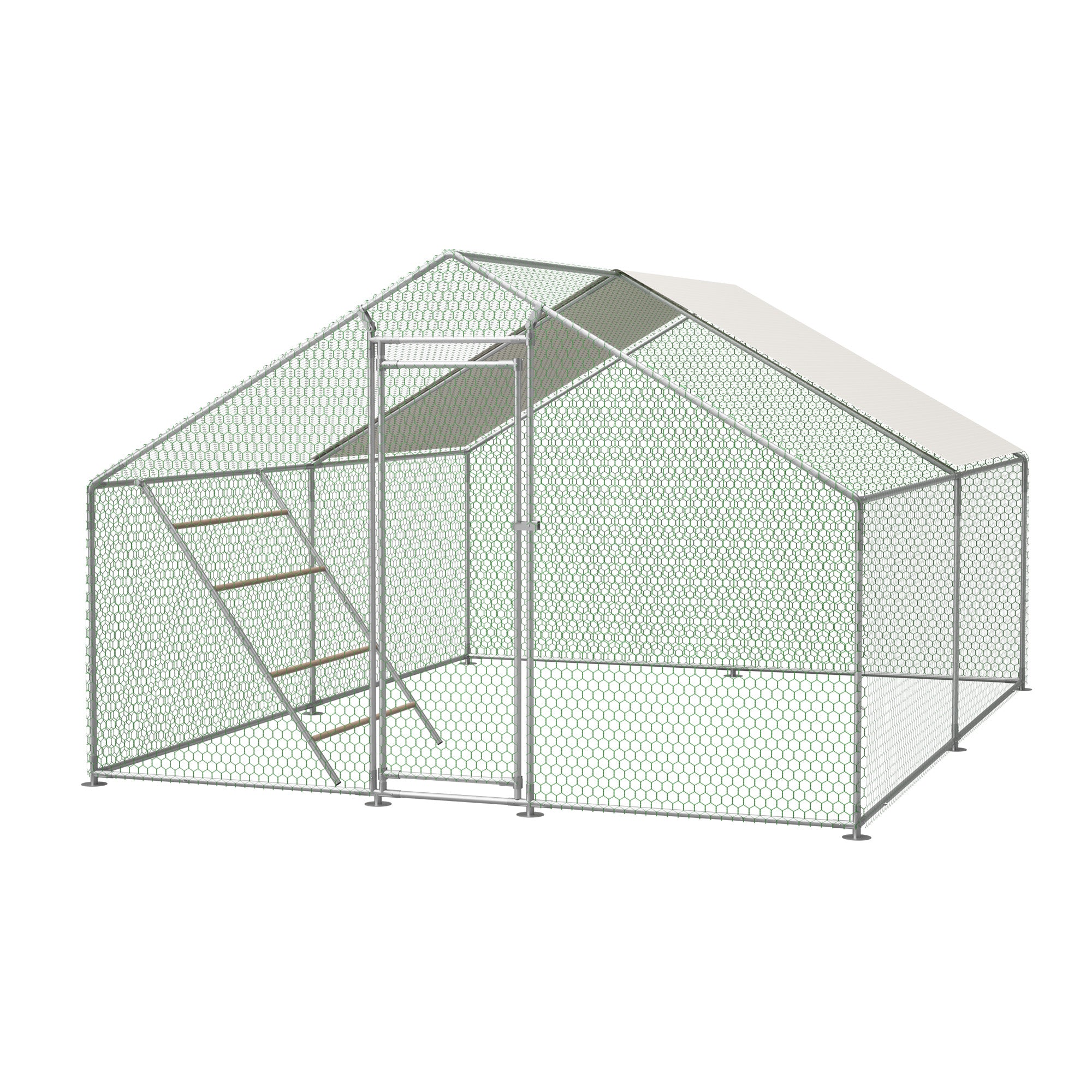 Chicken Coop 3x4m, Perch Ladder, Safety Lock, UV Protection Tarpaulin, Galvanized Steel Frame