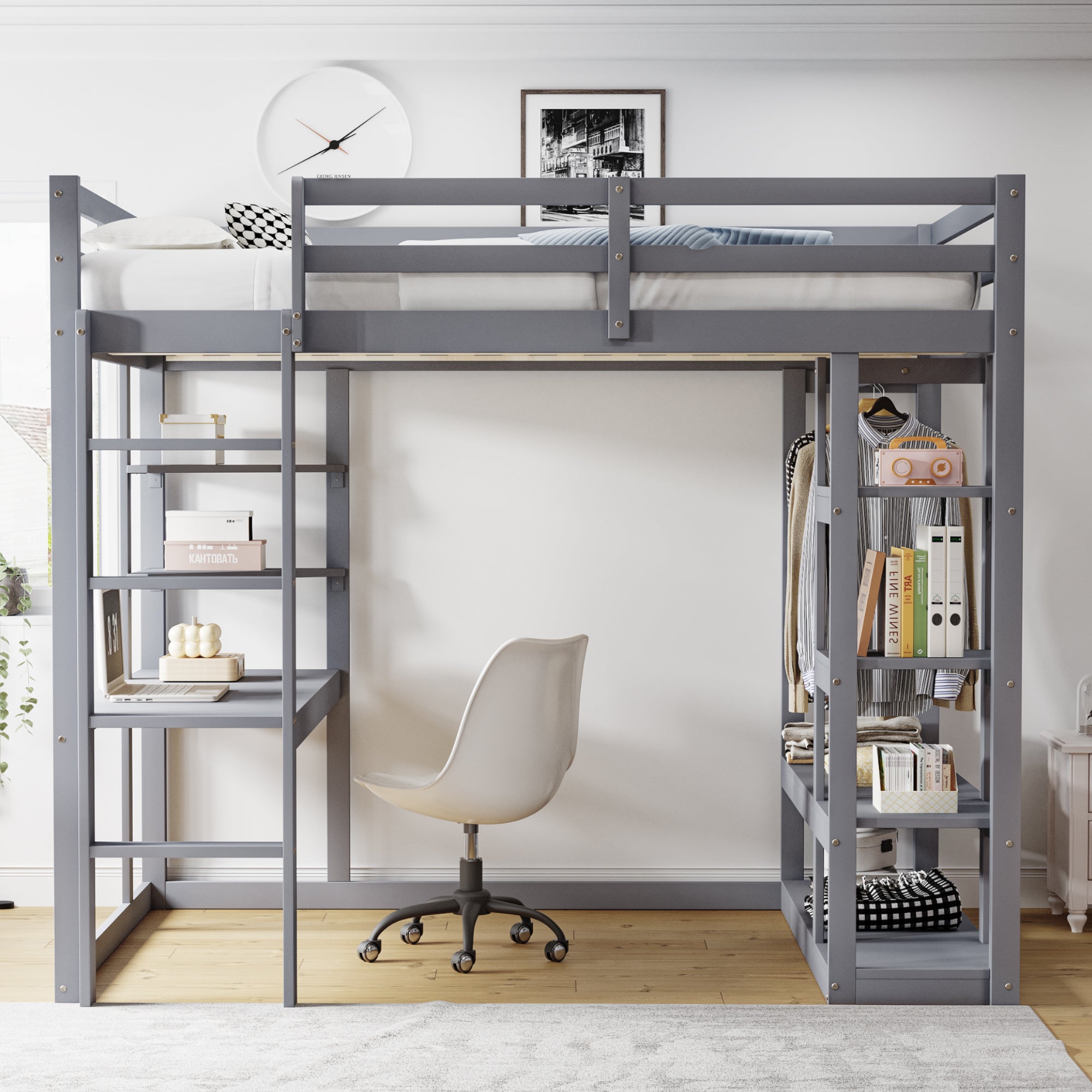Loft Bed with Ladder, Table & Shelves, 140x200 cm, Solid Wood Grey