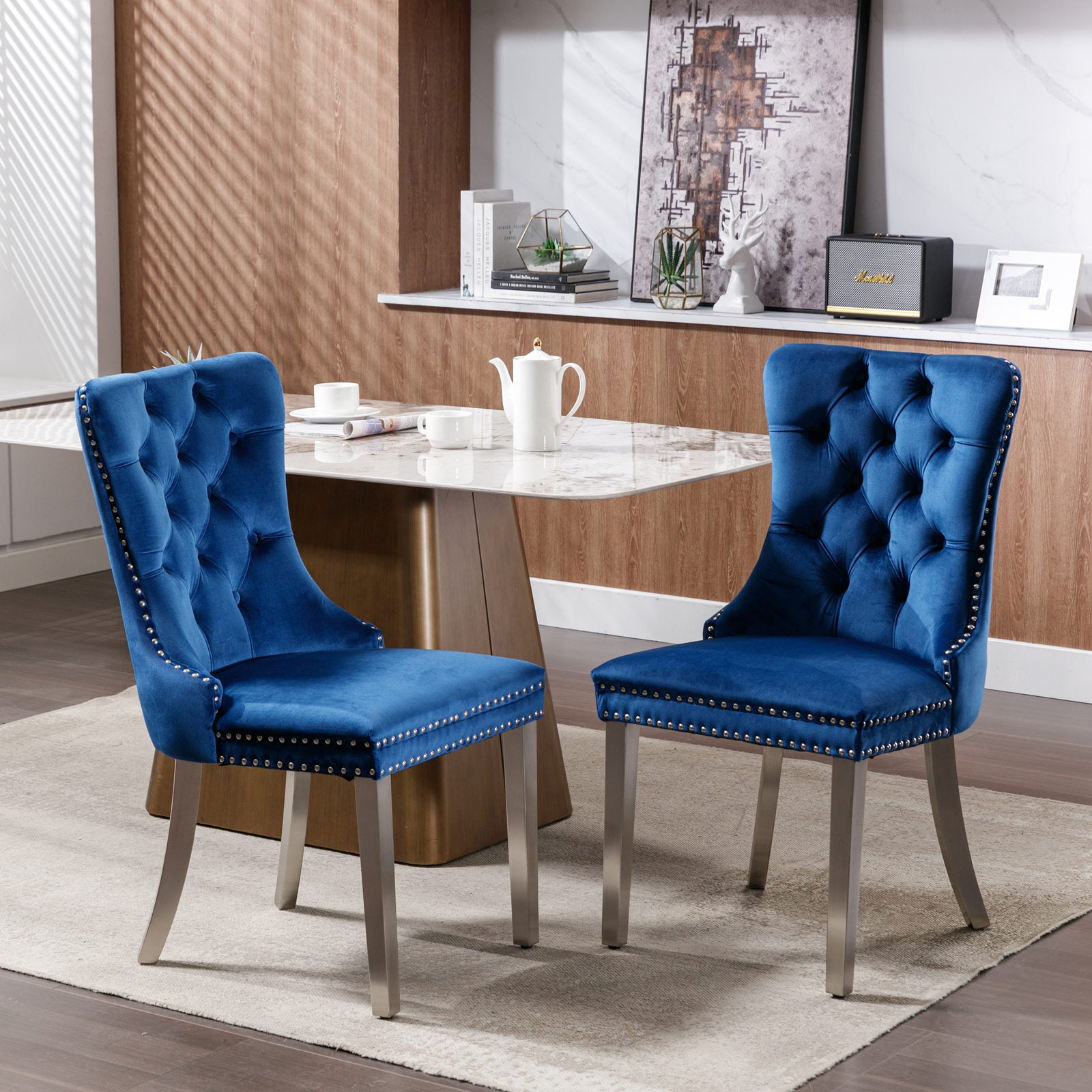 Nikki Collection Tufted Velvet Dining Chair Set of 2 - Blue/Chrome