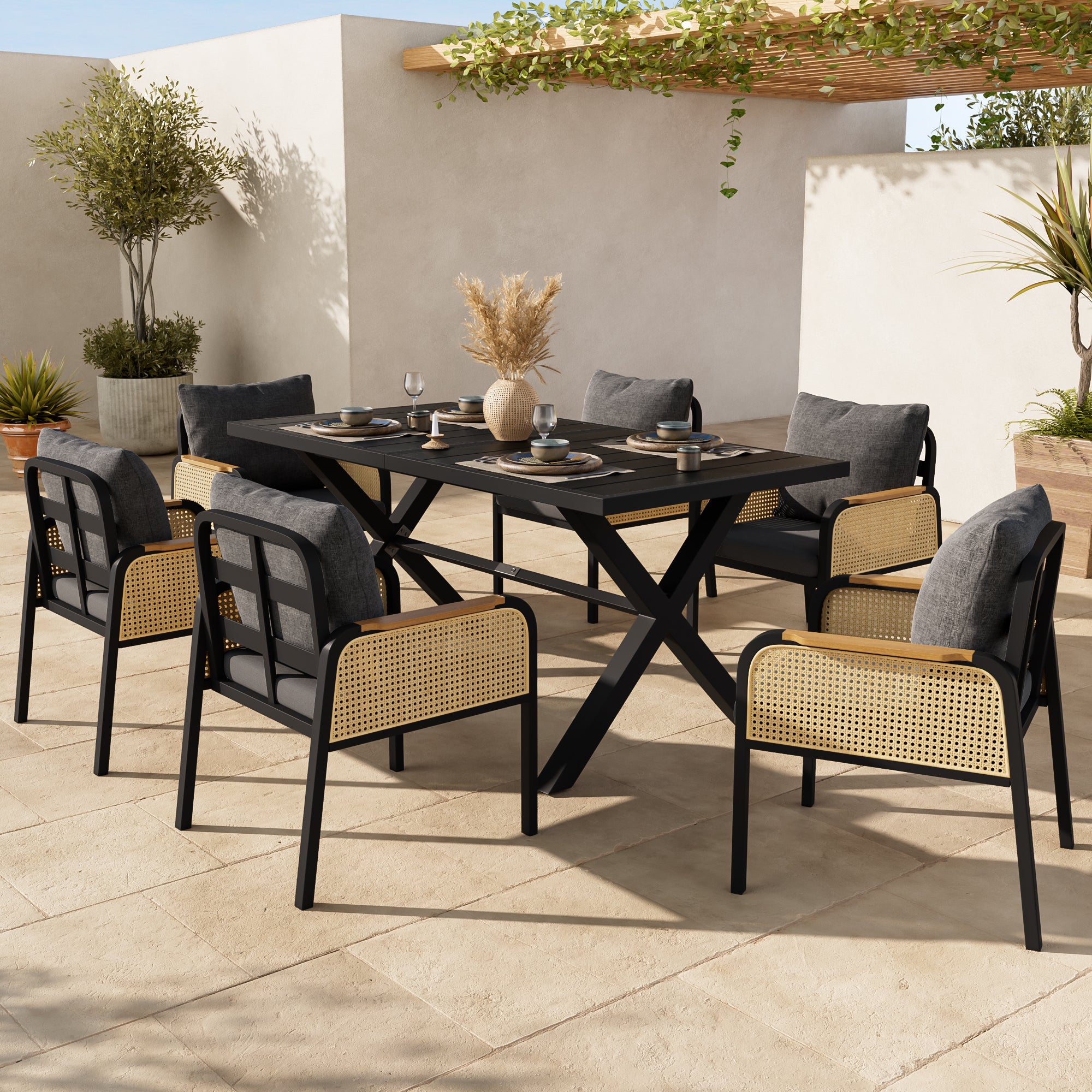 Modern Outdoor Sofa Set with Woven Armrests and Seat Cushions, Iron Frame
