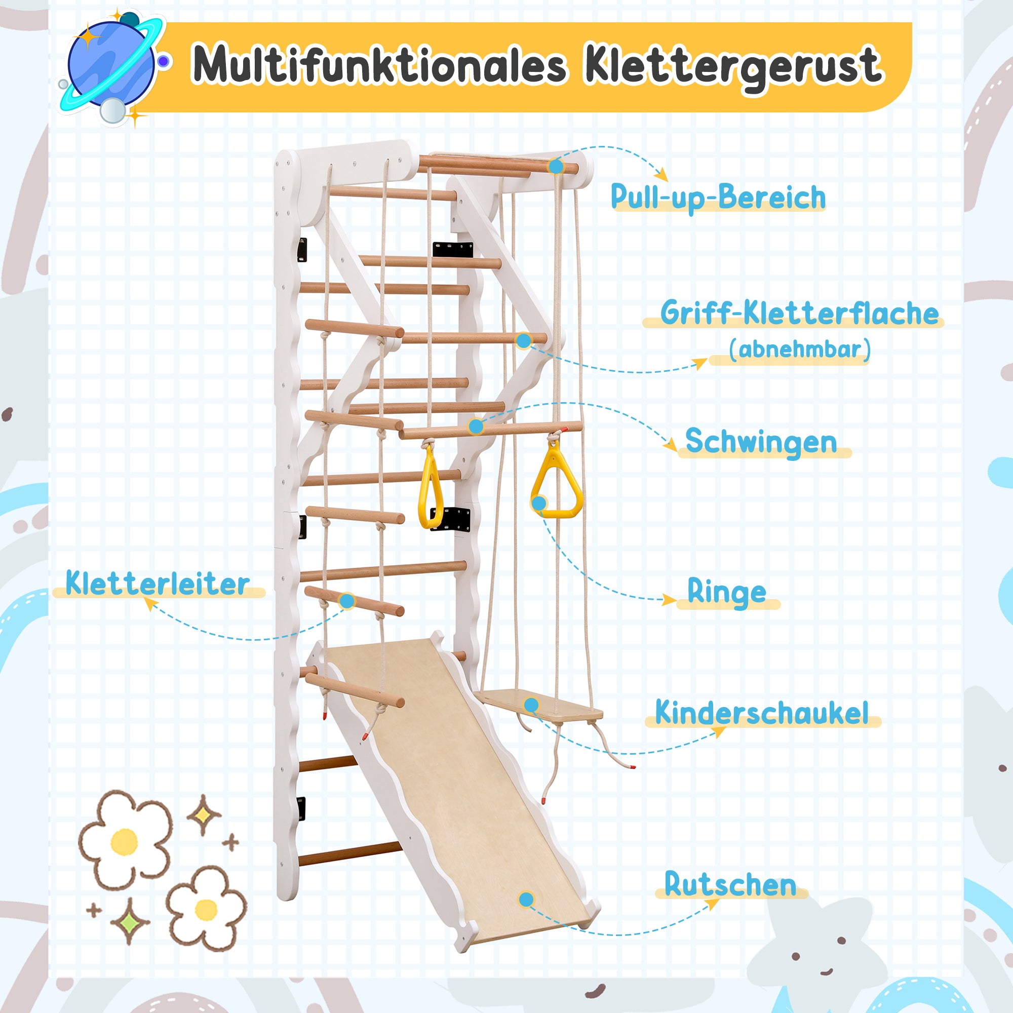 6-in-1 multifunctional climbing frame, wall bars, slide, swing, crawling ladder, pull-up area, rings, 50 kg, plywood, solid wood, beech