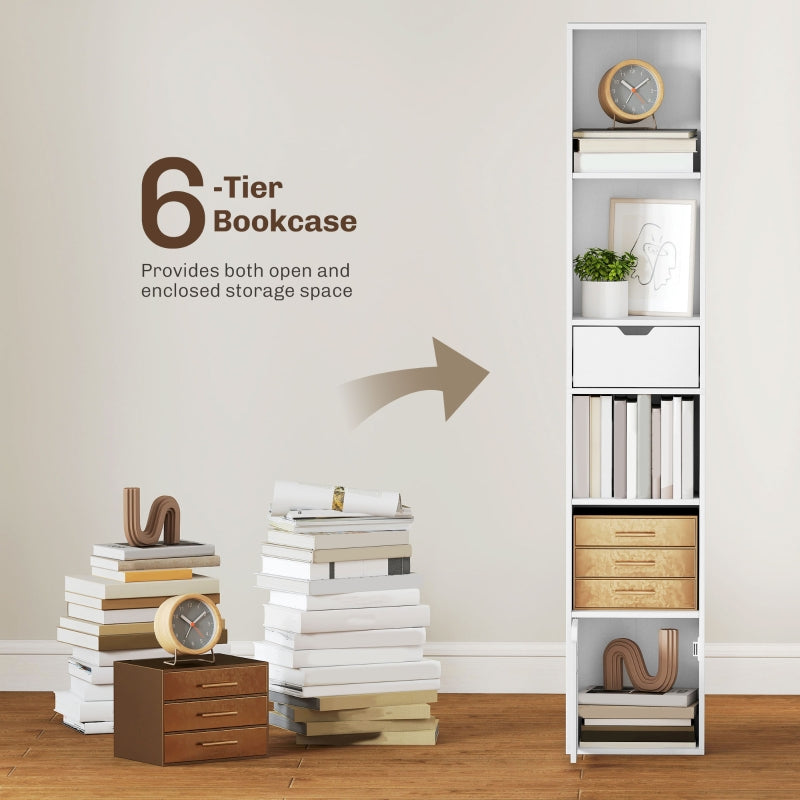 6-Tier Bookcase Tall Narrow Bookshelf with Drawer and Door - White