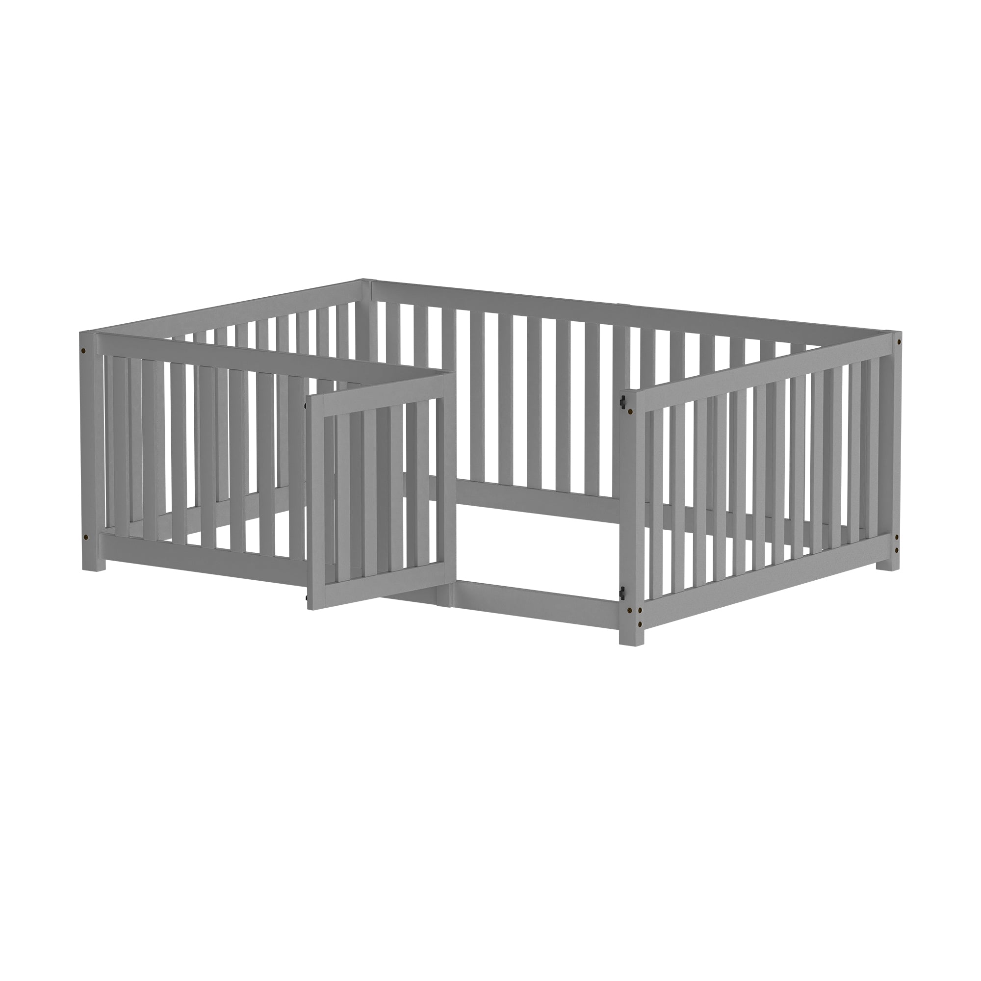 Children's bed 140 x 200, wooden floor bed frame with fence and door, grey