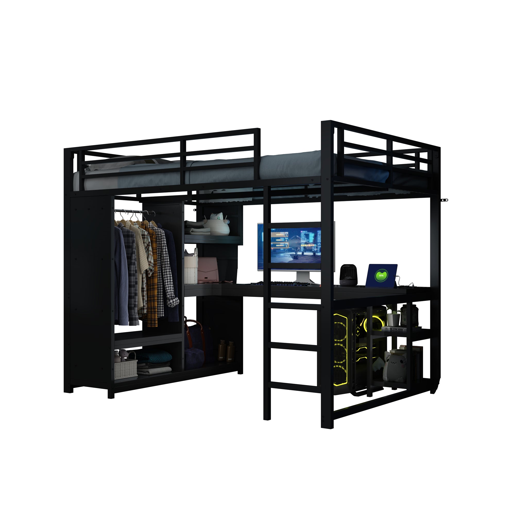140x200 Gaming Loft Bed with LED, Desk & Storage, Metal Black