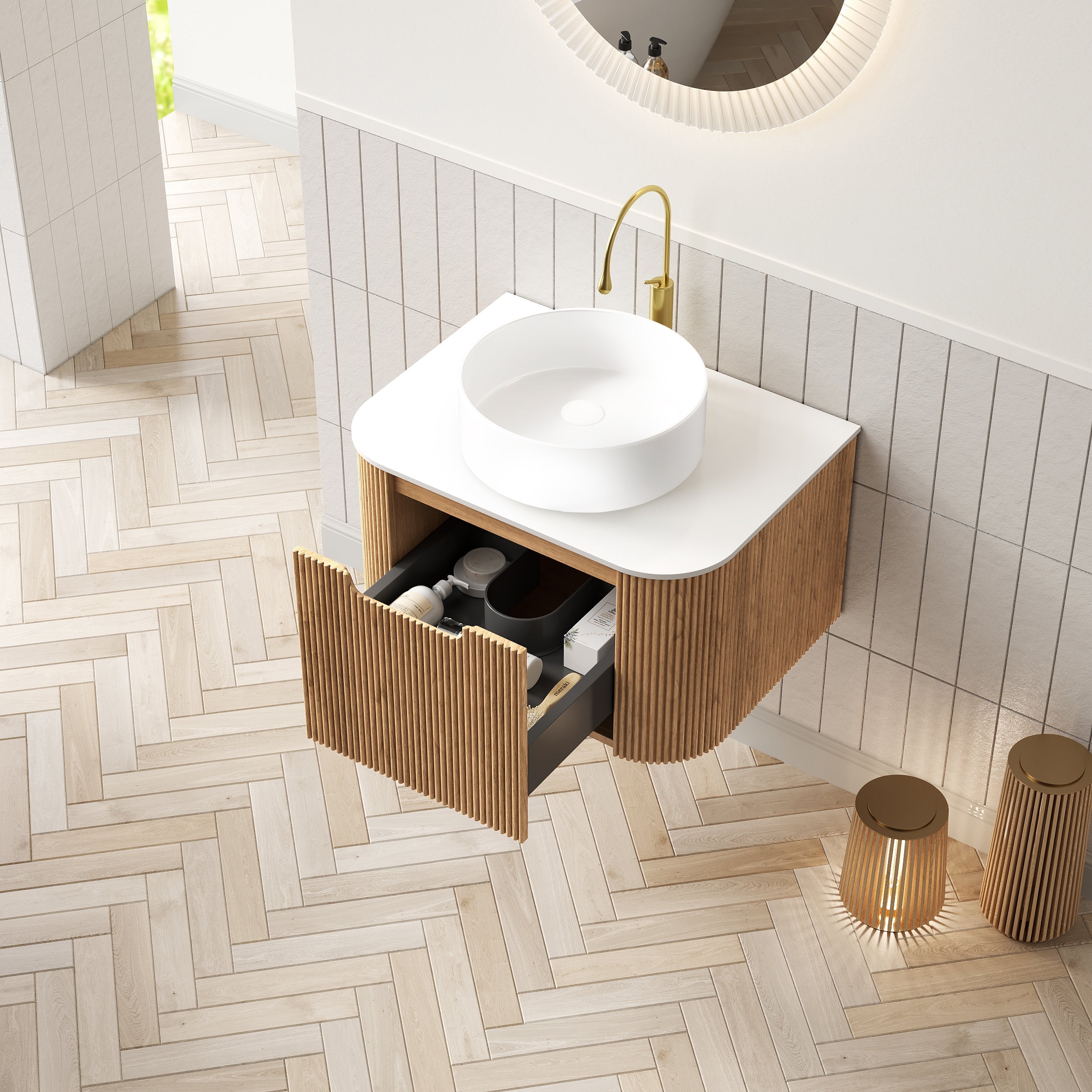 DINA 61cm Wall-Mounted Bathroom Vanity Unit with White Ceramic Basin, Plywood, Natural Wood Grain