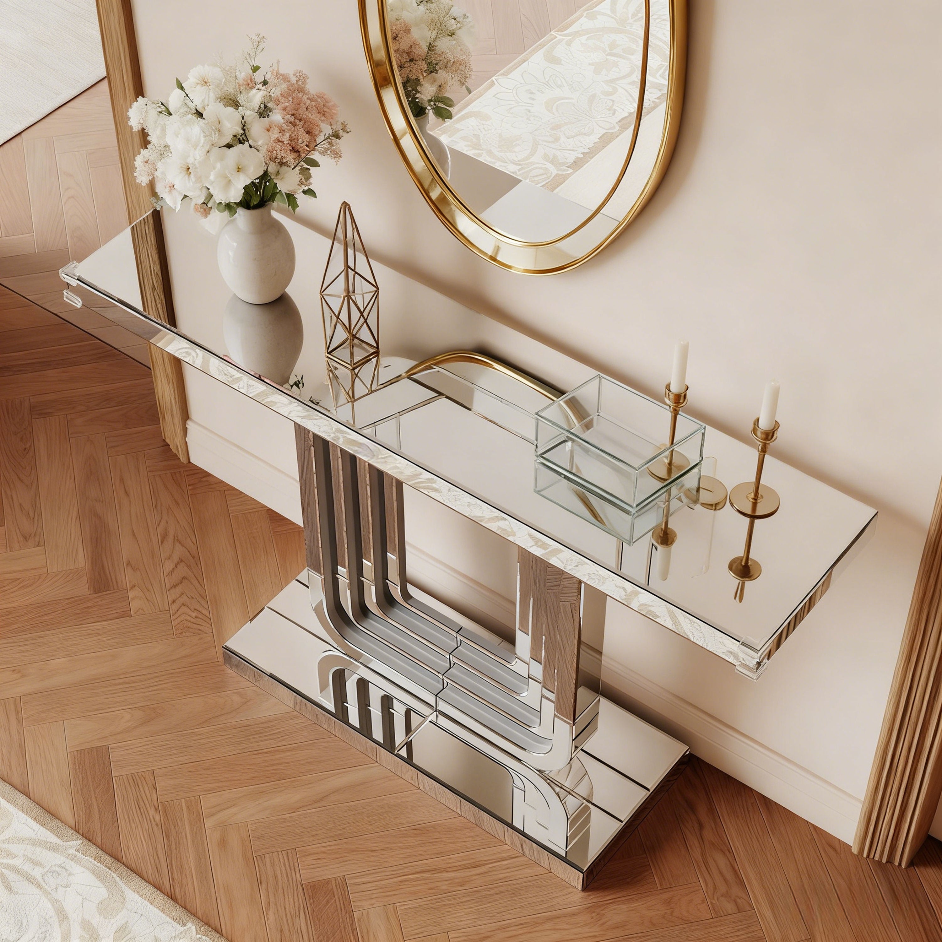 120cm Mirrored Console Table, Elegant U-Shaped Base, Silver Finish