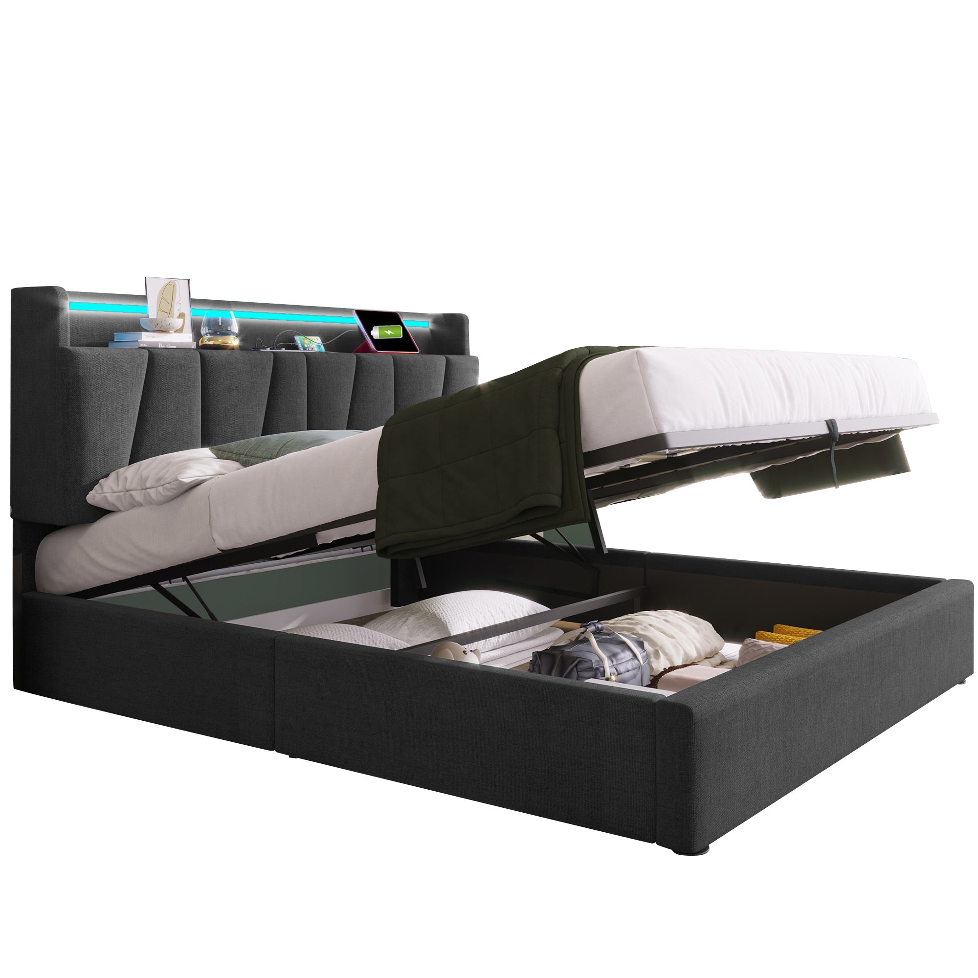 Upholstered Double Bed with USB Charging, LED Lighting & Storage Headboard, Wooden Slatted Frame, Grey