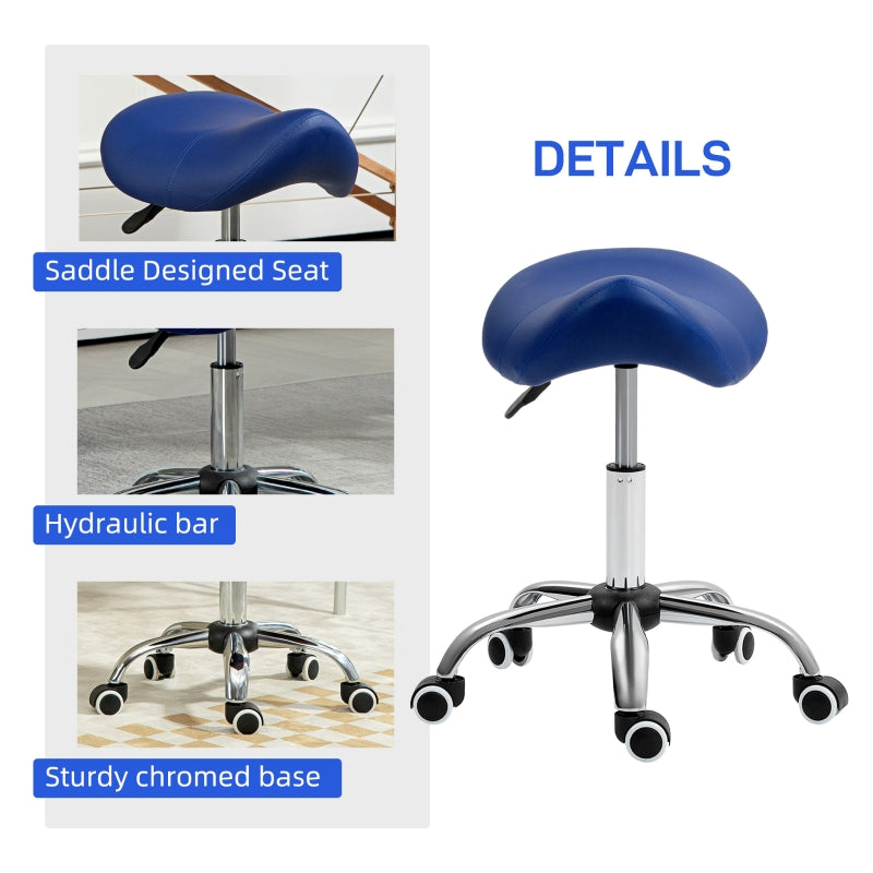 Saddle Stool, Height Adjustable Salon Chair for Massage Spa, Dark Blue Faux Leather