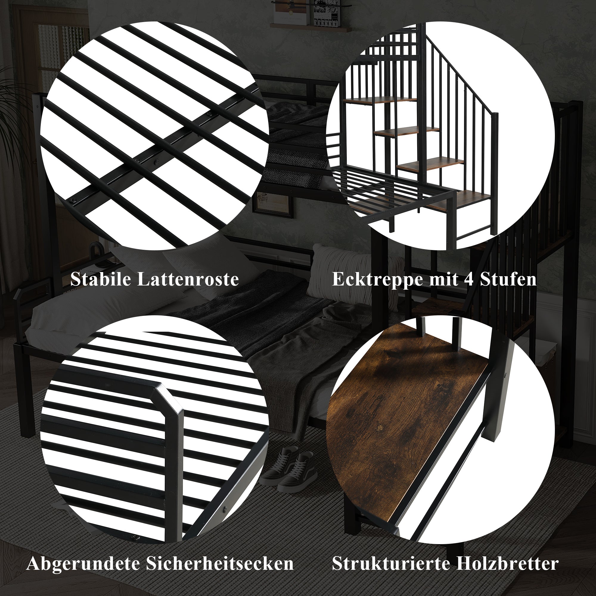 Iron Bunk Bed with Storage Ladder Wardrobe, 90x200cm & 120x200cm, Black+Vintage Wood Iron+MDF