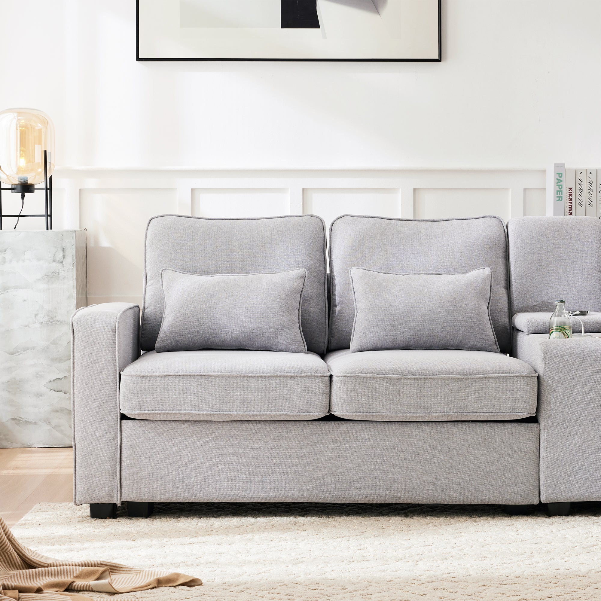 Sofa, 4-Seater with Console, Cupholders, USB, Linen Fabric