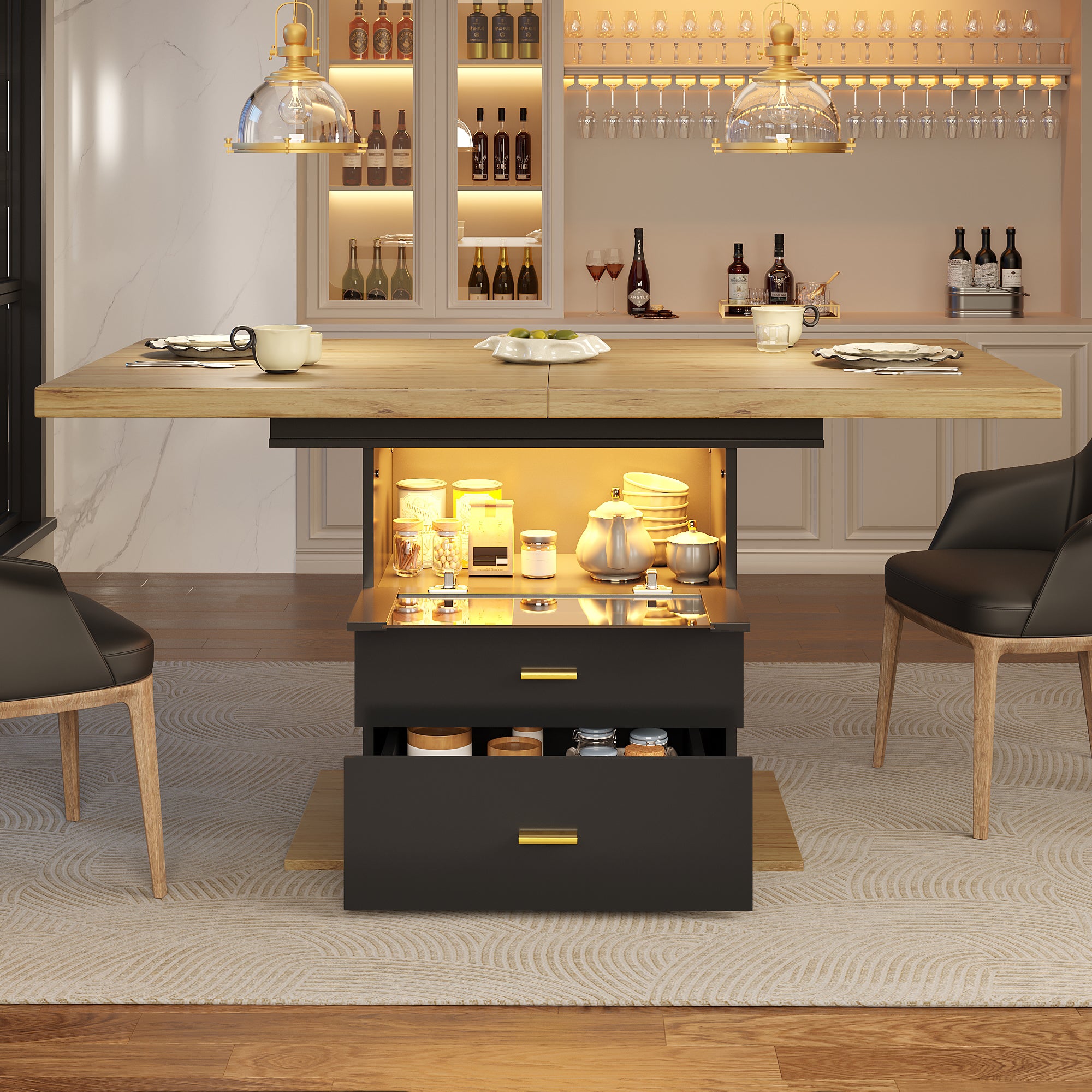 Extendable Dining Table 110-140cm LED Lighting Wooden Finish