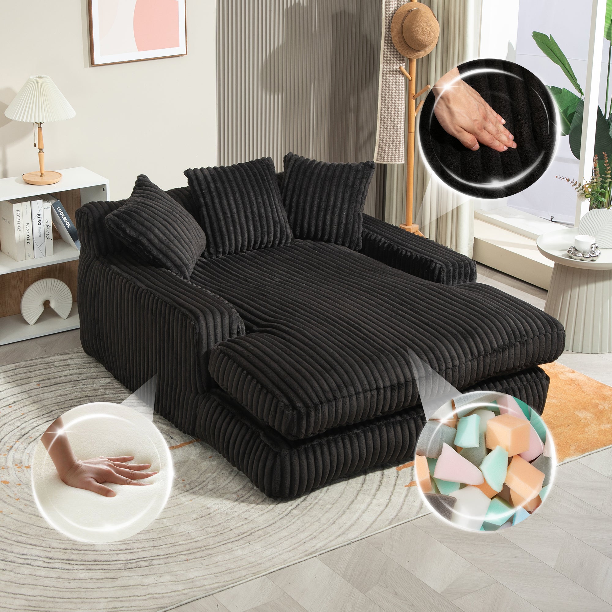 Sofa Bed, Cloud Couch with 3 Soft Pillows, Single Seat, Corduroy Black