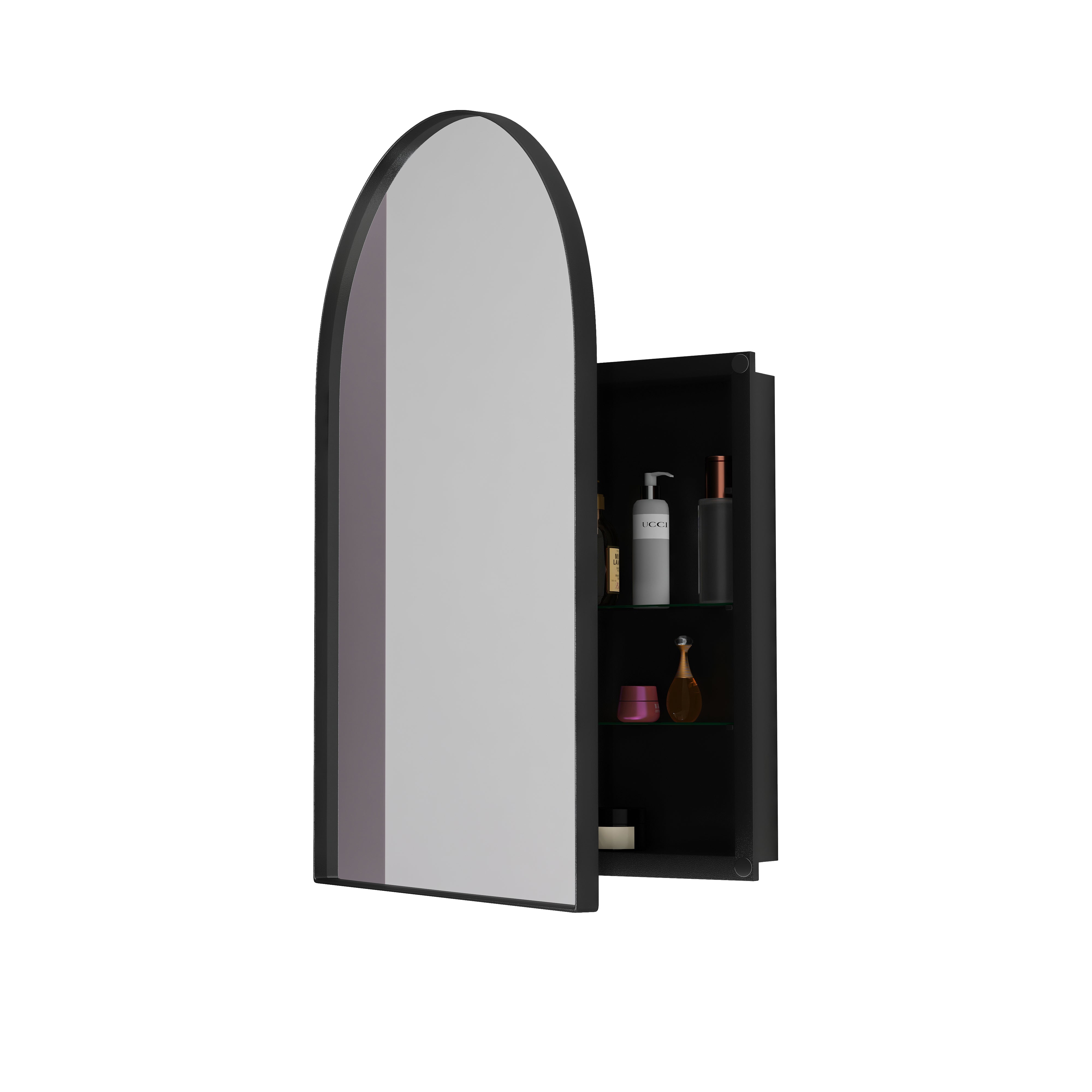 Arched Mirror Cabinet, Recessed Medicine Wall Storage, Black Metal Framed