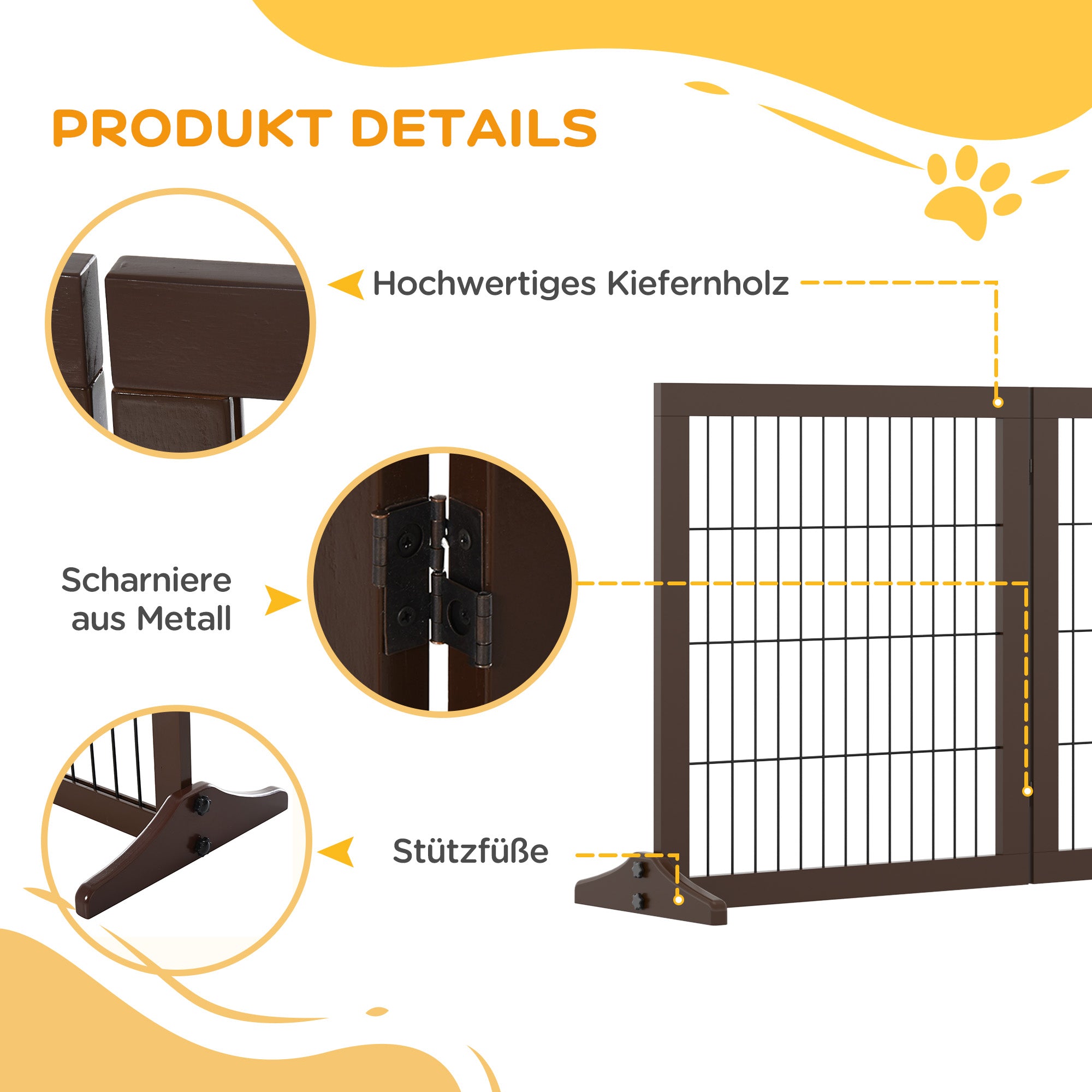 Dog Gate, Freestanding, Pinewood, Brown